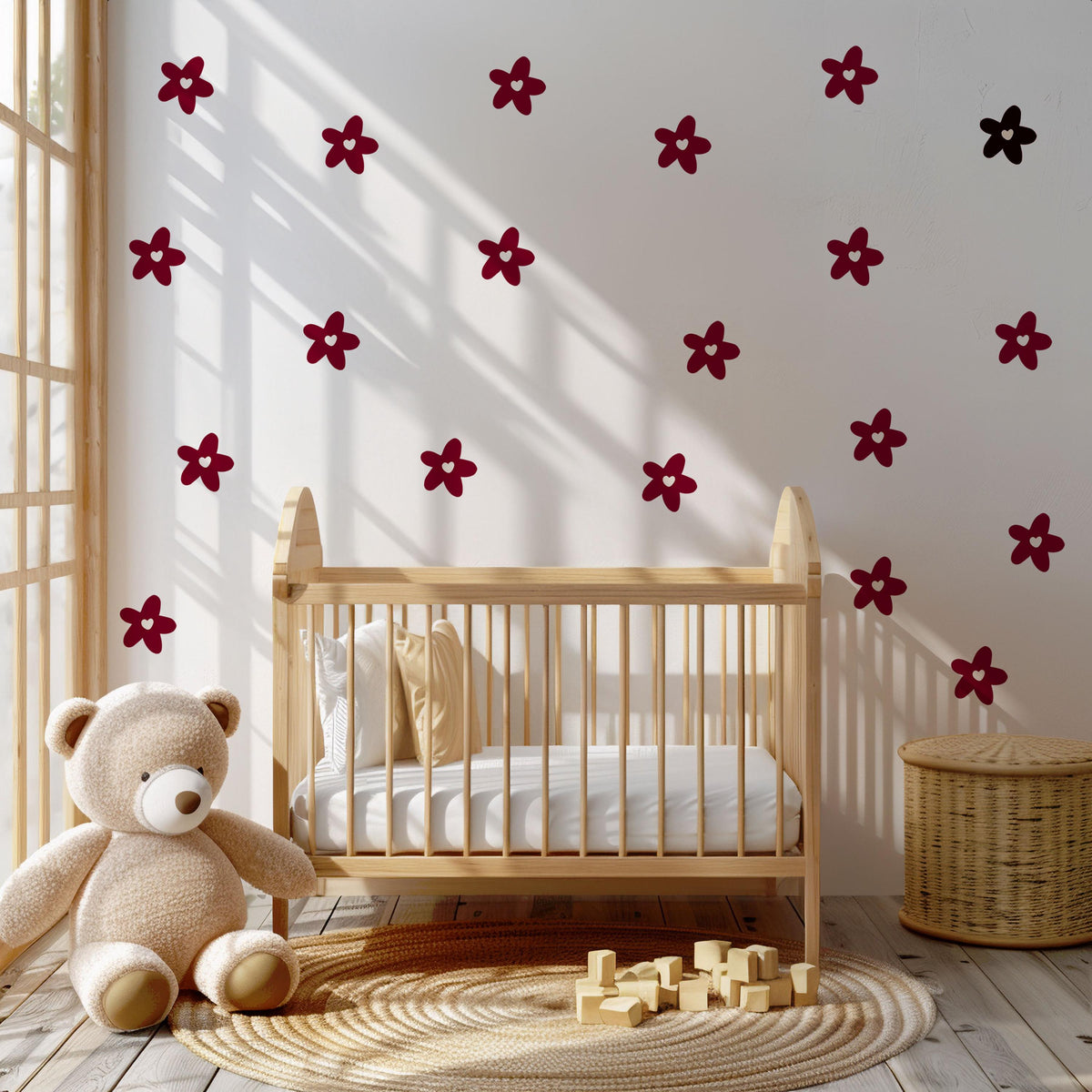 Flower Wall Stickers, Burgundy Daisy Nursery Decor, Retro Floral Wall Decals, Girls Kids Room Baby Scandi Peel and Stick Wall Art