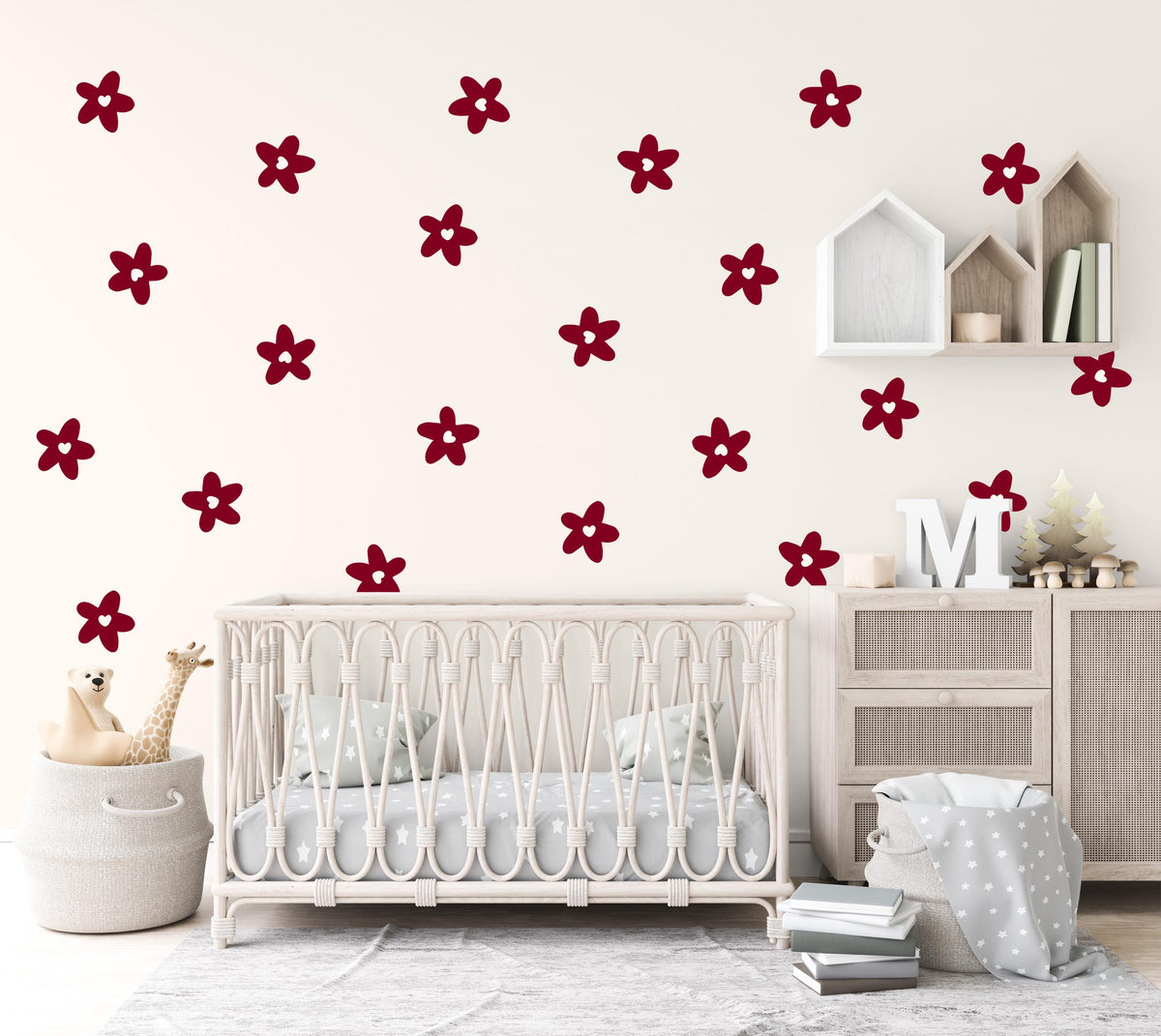 Flower Wall Stickers, Burgundy Daisy Nursery Decor, Retro Floral Wall Decals, Girls Kids Room Baby Scandi Peel and Stick Wall Art