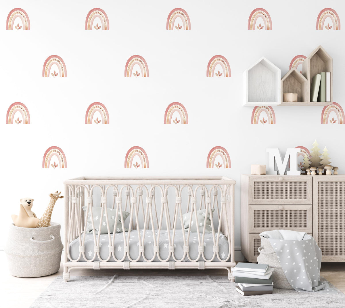 Boho Rainbow Wall Stickers, Pink Rainbow Nursery Decor, Blush Boho Wall Decals, Girls Kids Room Baby Peel and Stick Wall Art