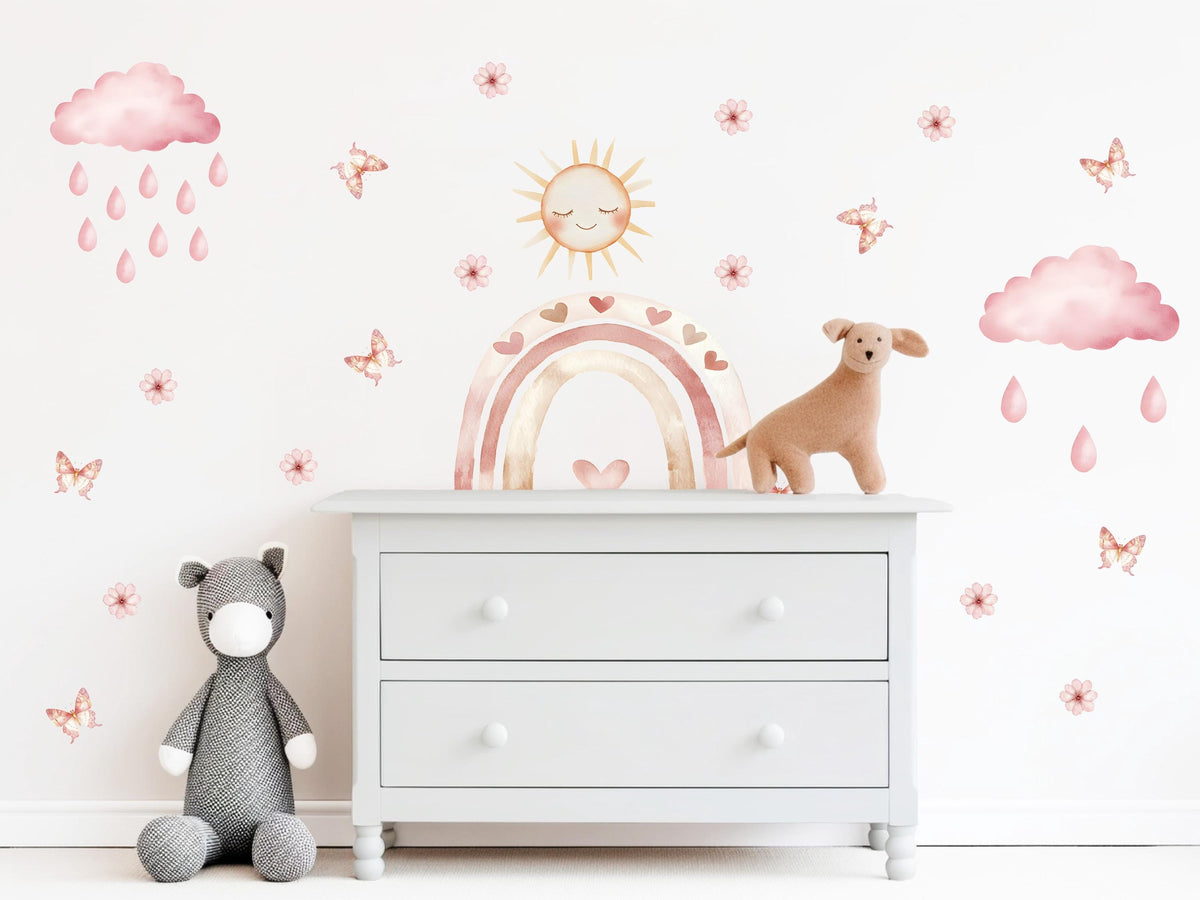 Boho Rainbow Wall Stickers, Pink Sun Cloud Nursery Decor, Butterfly Heart Wall Decals, Girls Kids Room Baby Peel and Stick Wall Art