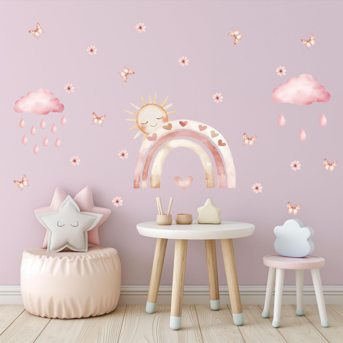 Boho Rainbow Wall Stickers, Pink Sun Cloud Nursery Decor, Butterfly Heart Wall Decals, Girls Kids Room Baby Peel and Stick Wall Art
