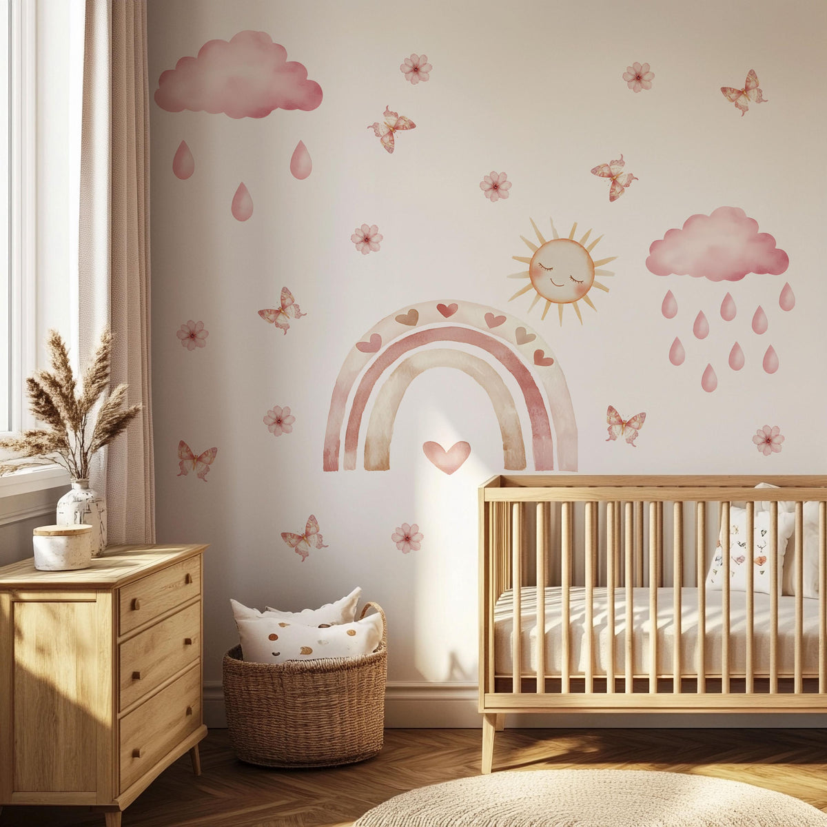 Boho Rainbow Wall Stickers, Pink Sun Cloud Nursery Decor, Butterfly Heart Wall Decals, Girls Kids Room Baby Peel and Stick Wall Art