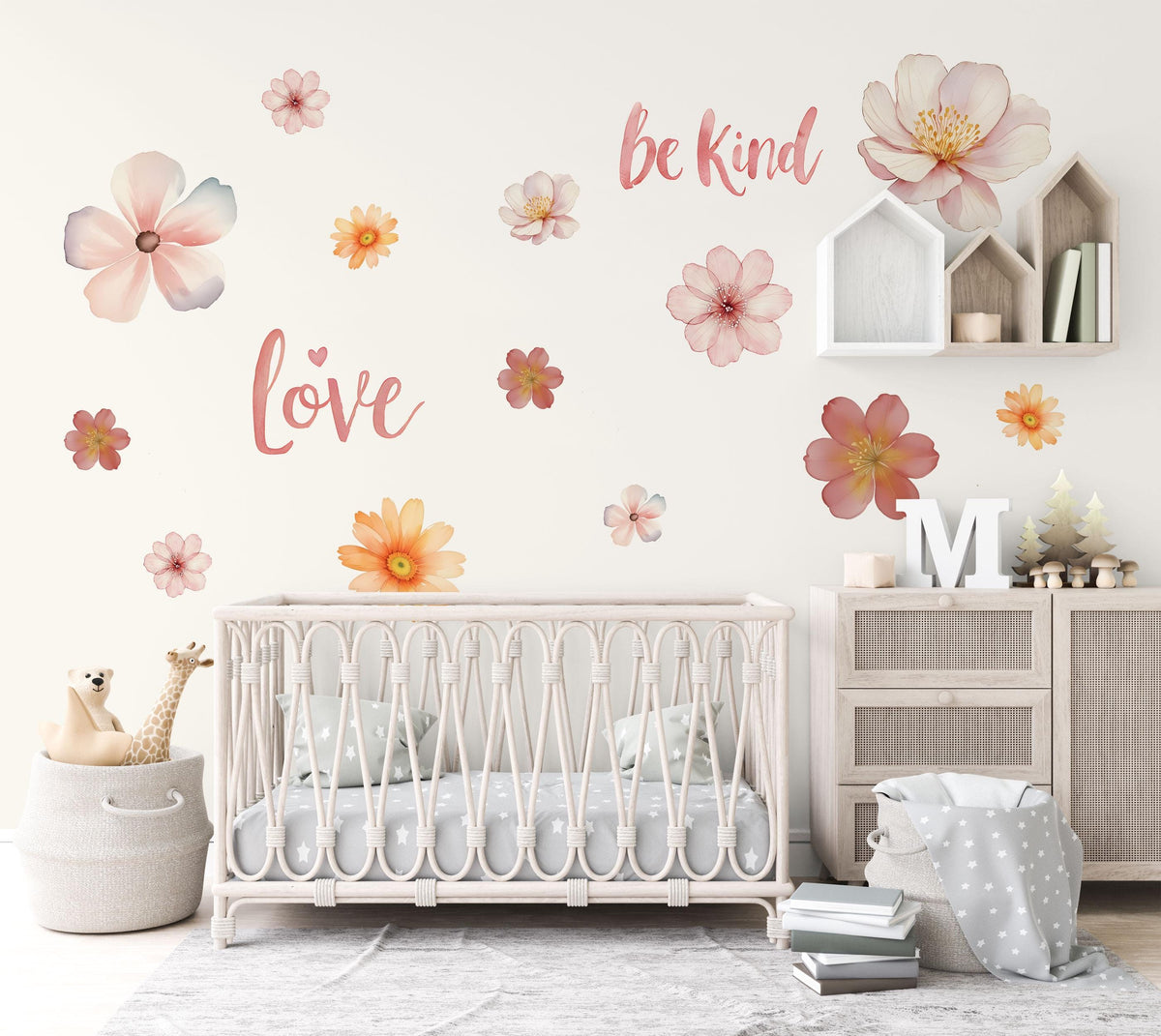Floral Wall Stickers, Be Kind Love Quote Nursery Decor, Watercolour Flower Wall Decals, Girls Kids Room Baby Peel and Stick Wall Art
