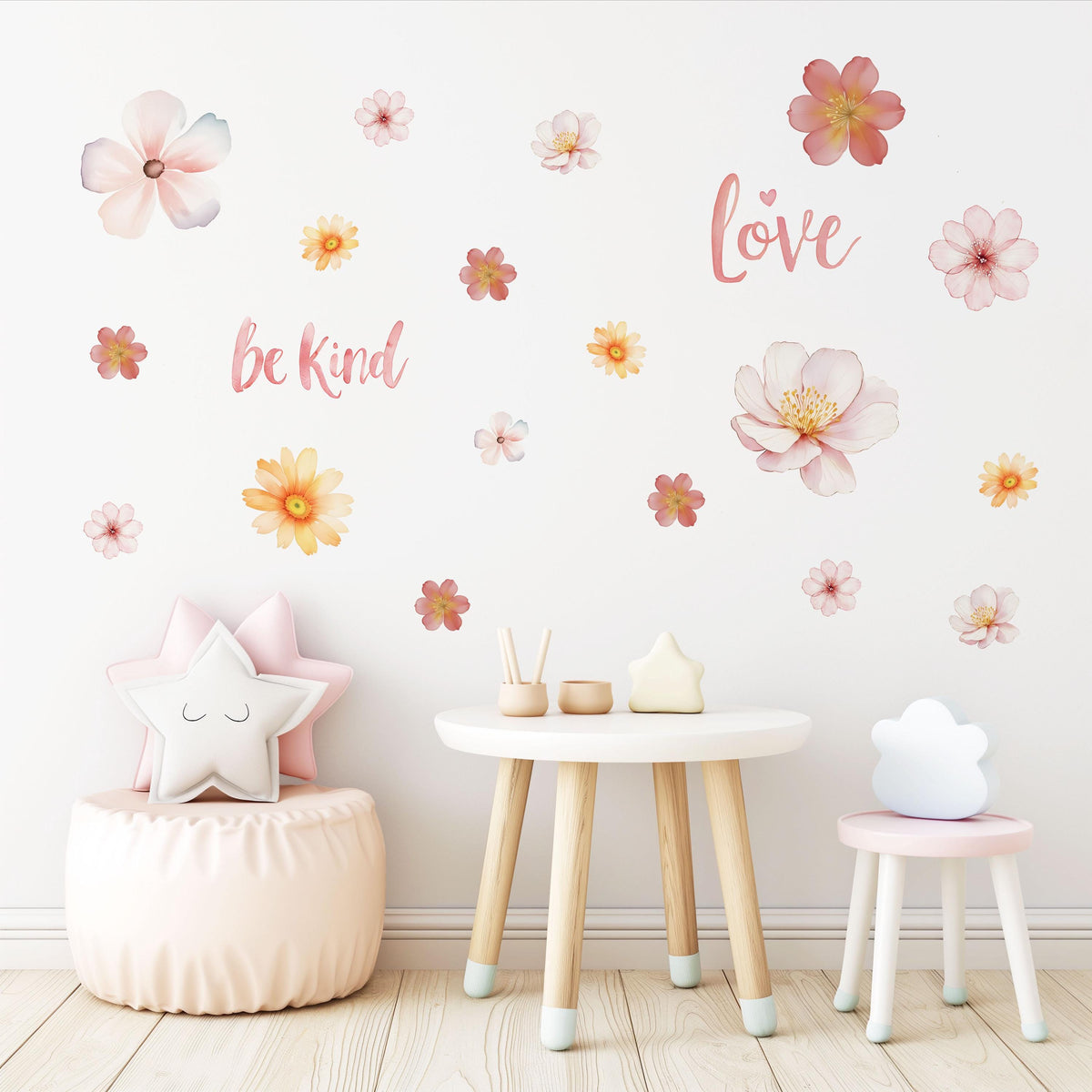 Floral Wall Stickers, Be Kind Love Quote Nursery Decor, Watercolour Flower Wall Decals, Girls Kids Room Baby Peel and Stick Wall Art