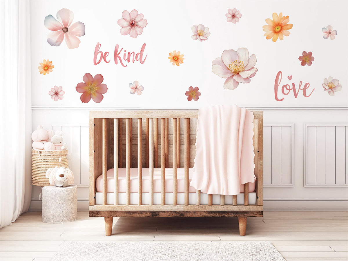 Floral Wall Stickers, Be Kind Love Quote Nursery Decor, Watercolour Flower Wall Decals, Girls Kids Room Baby Peel and Stick Wall Art
