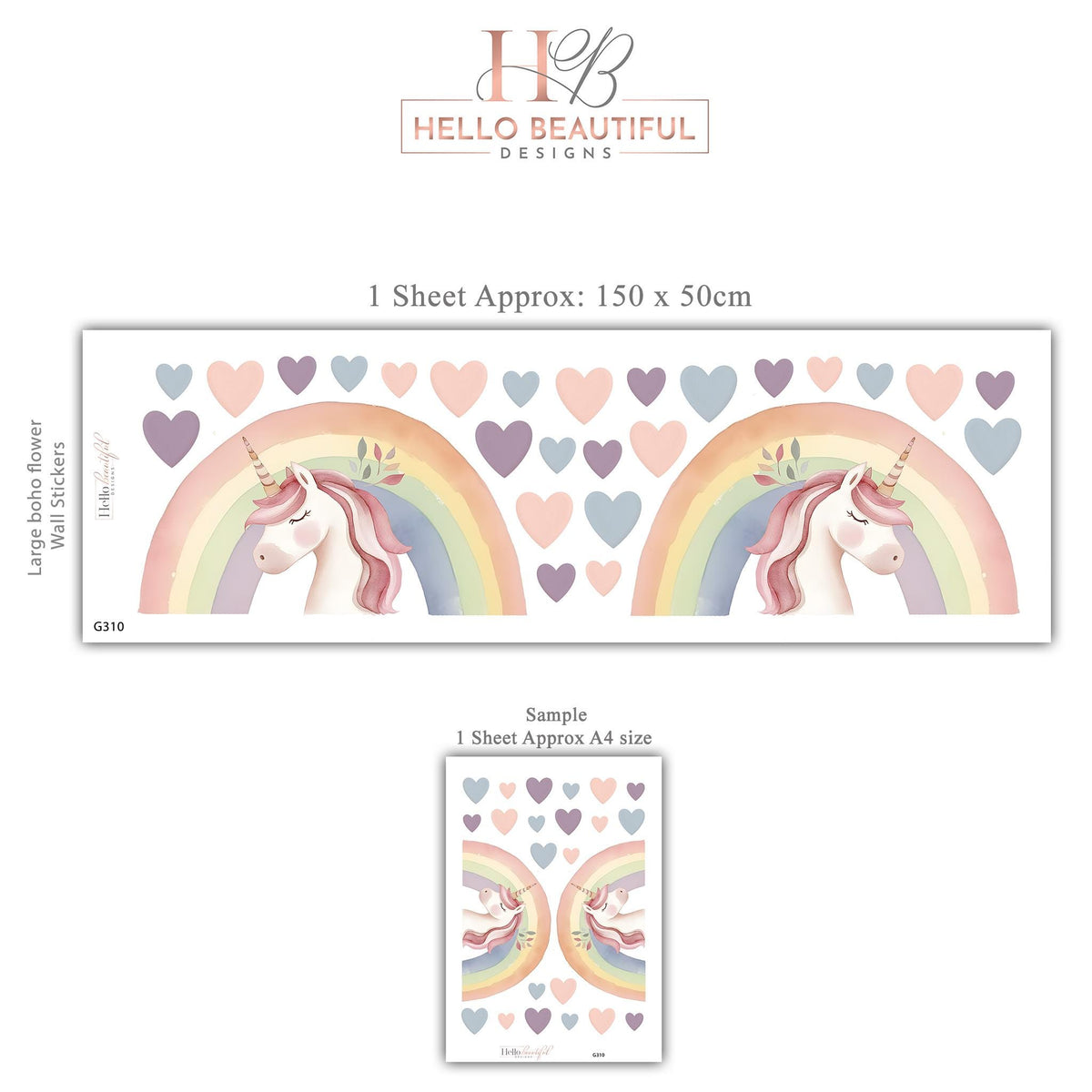 Unicorn Wall Stickers, Unicorn Rainbow Nursery Decor, Pastel Heart Wall Decals, Girls Kids Room Baby Bedroom Peel and Stick Wall Art