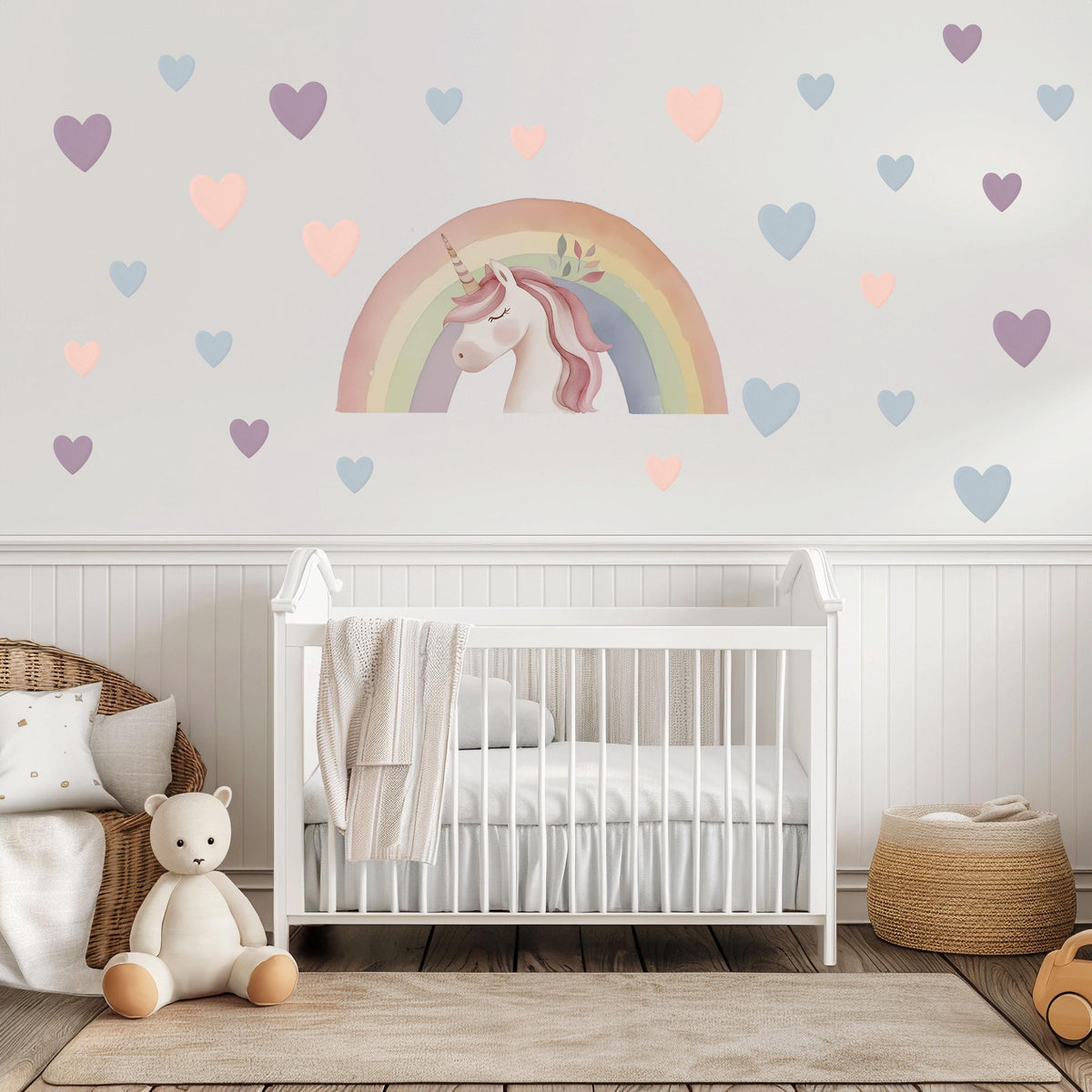 Unicorn Wall Stickers, Unicorn Rainbow Nursery Decor, Pastel Heart Wall Decals, Girls Kids Room Baby Bedroom Peel and Stick Wall Art