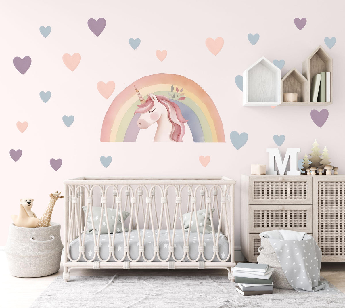 Unicorn Wall Stickers, Unicorn Rainbow Nursery Decor, Pastel Heart Wall Decals, Girls Kids Room Baby Bedroom Peel and Stick Wall Art