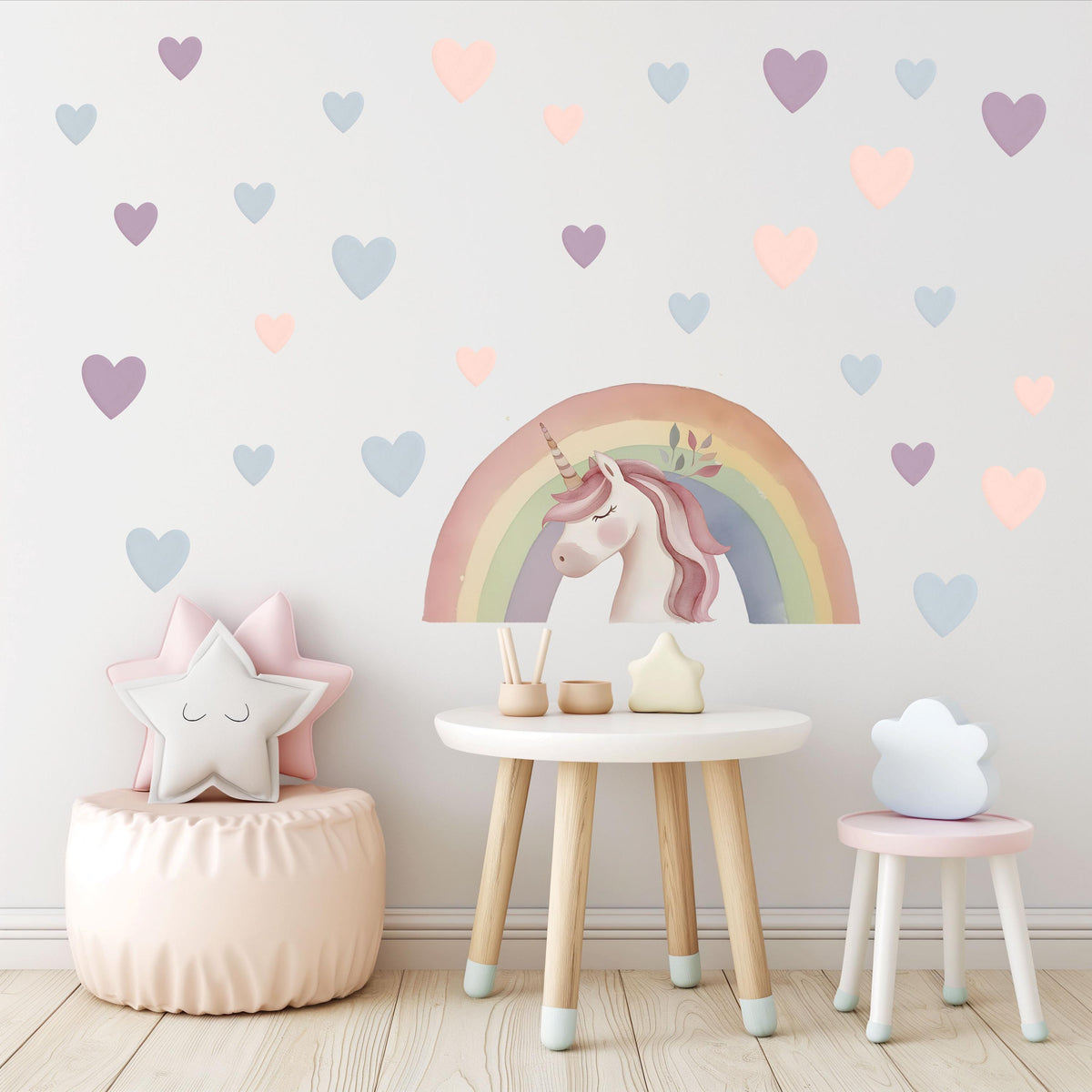 Unicorn Wall Stickers, Unicorn Rainbow Nursery Decor, Pastel Heart Wall Decals, Girls Kids Room Baby Bedroom Peel and Stick Wall Art