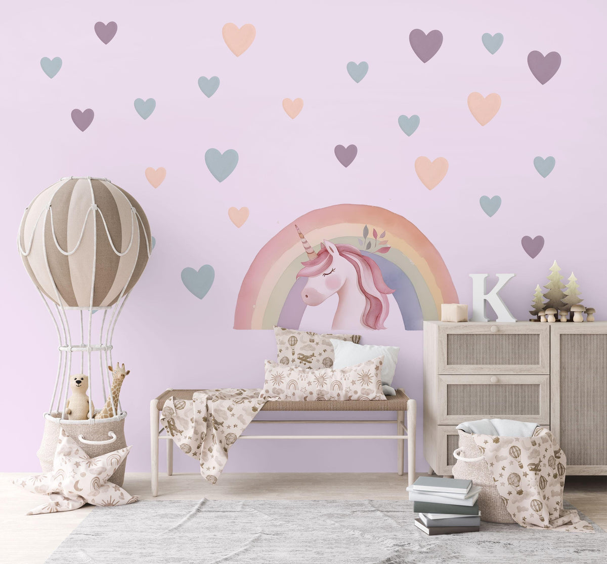 Unicorn Wall Stickers, Unicorn Rainbow Nursery Decor, Pastel Heart Wall Decals, Girls Kids Room Baby Bedroom Peel and Stick Wall Art