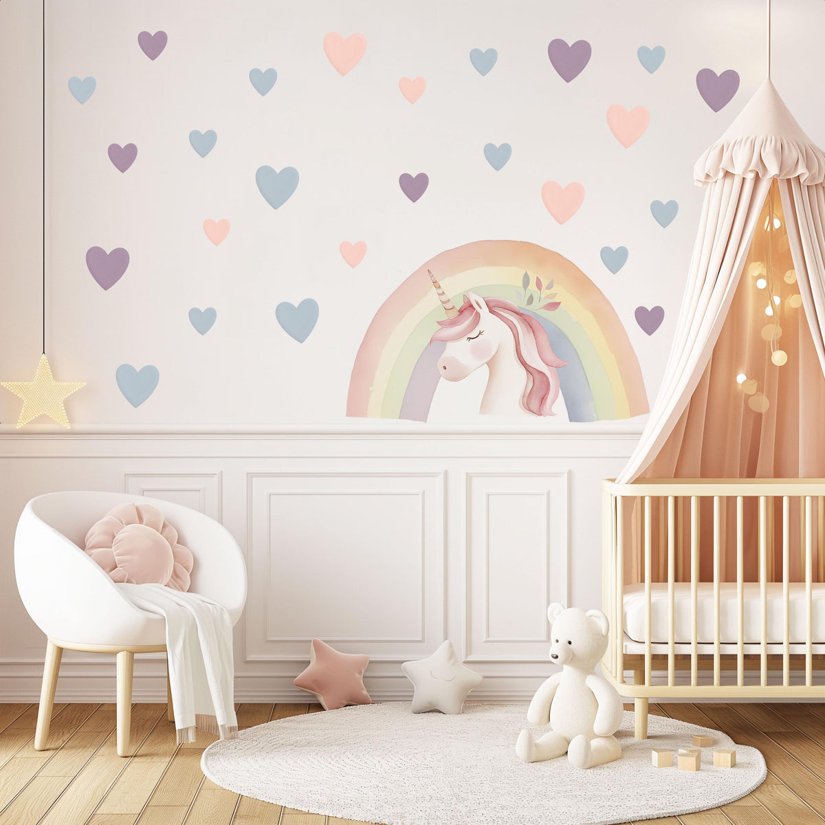 Unicorn Wall Stickers, Unicorn Rainbow Nursery Decor, Pastel Heart Wall Decals, Girls Kids Room Baby Bedroom Peel and Stick Wall Art