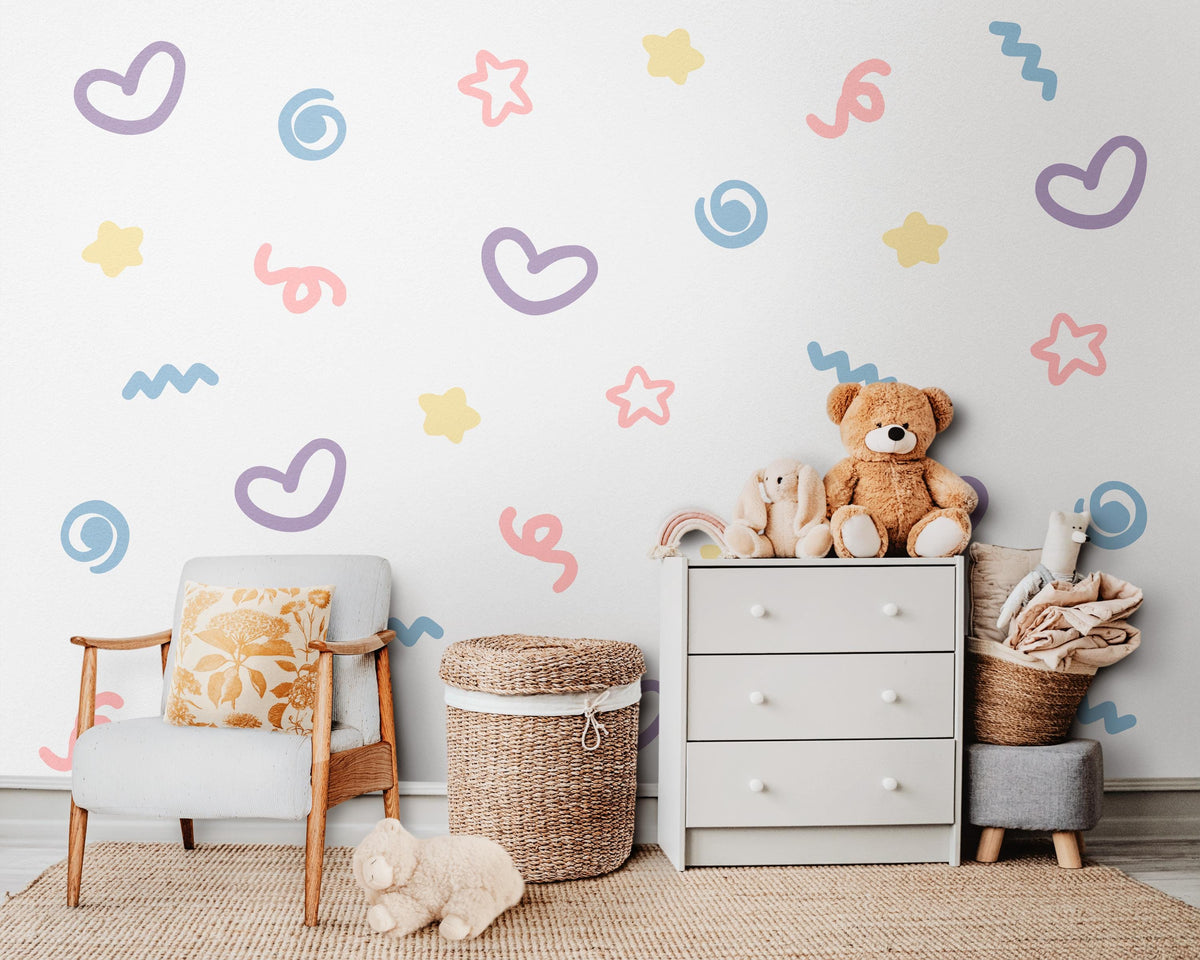 Abstract Wall Stickers, Pastel Doodle Nursery Decor, Heart Star Squiggle Wall Decals, Girls Kids Room Playroom Peel and Stick Art