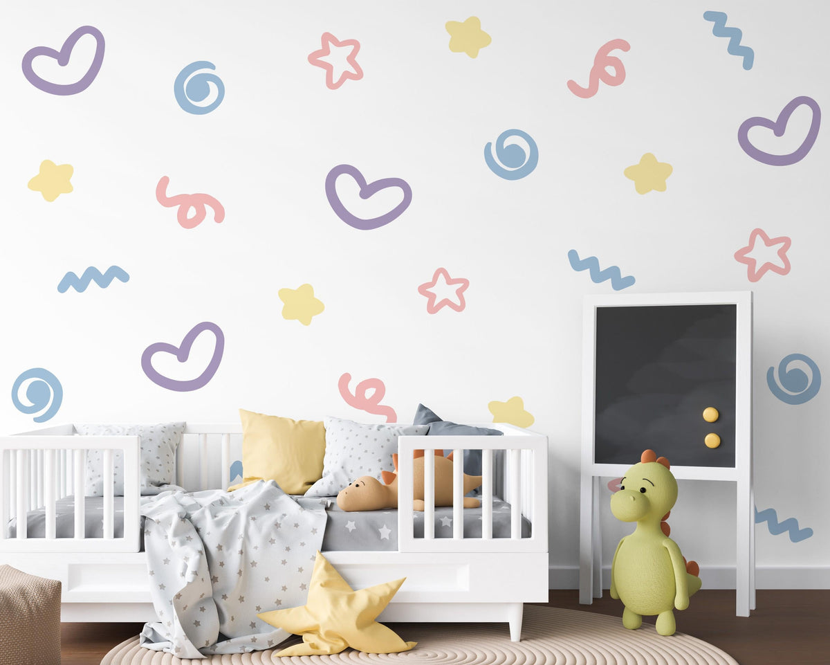 Abstract Wall Stickers, Pastel Doodle Nursery Decor, Heart Star Squiggle Wall Decals, Girls Kids Room Playroom Peel and Stick Art
