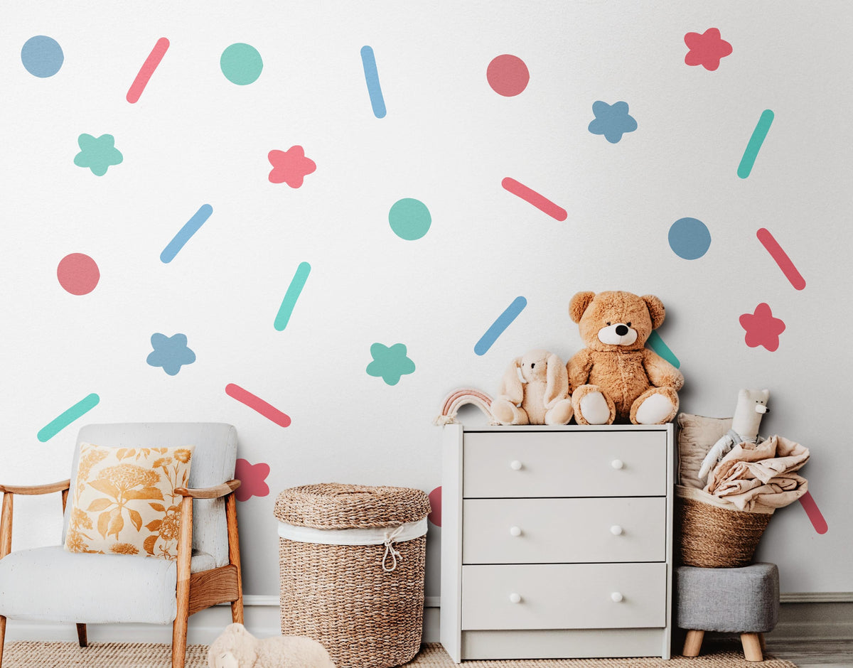 Confetti Wall Stickers, Colourful Shapes Playroom Decor, Star Dot Dash Wall Decals, Kids Room Nursery, Peel and Stick