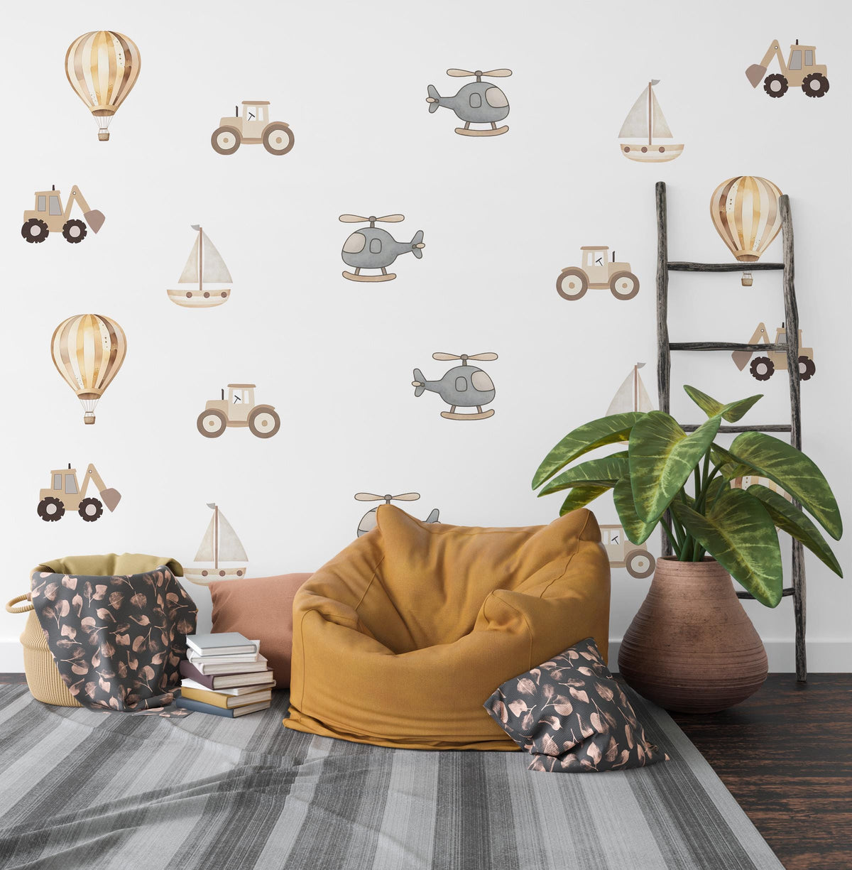 Transport Wall Stickers, Boho Neutral Nursery Decor, Tractor Digger Helicopter Wall Decals, Baby Boy Kids Room Peel and Stick Art