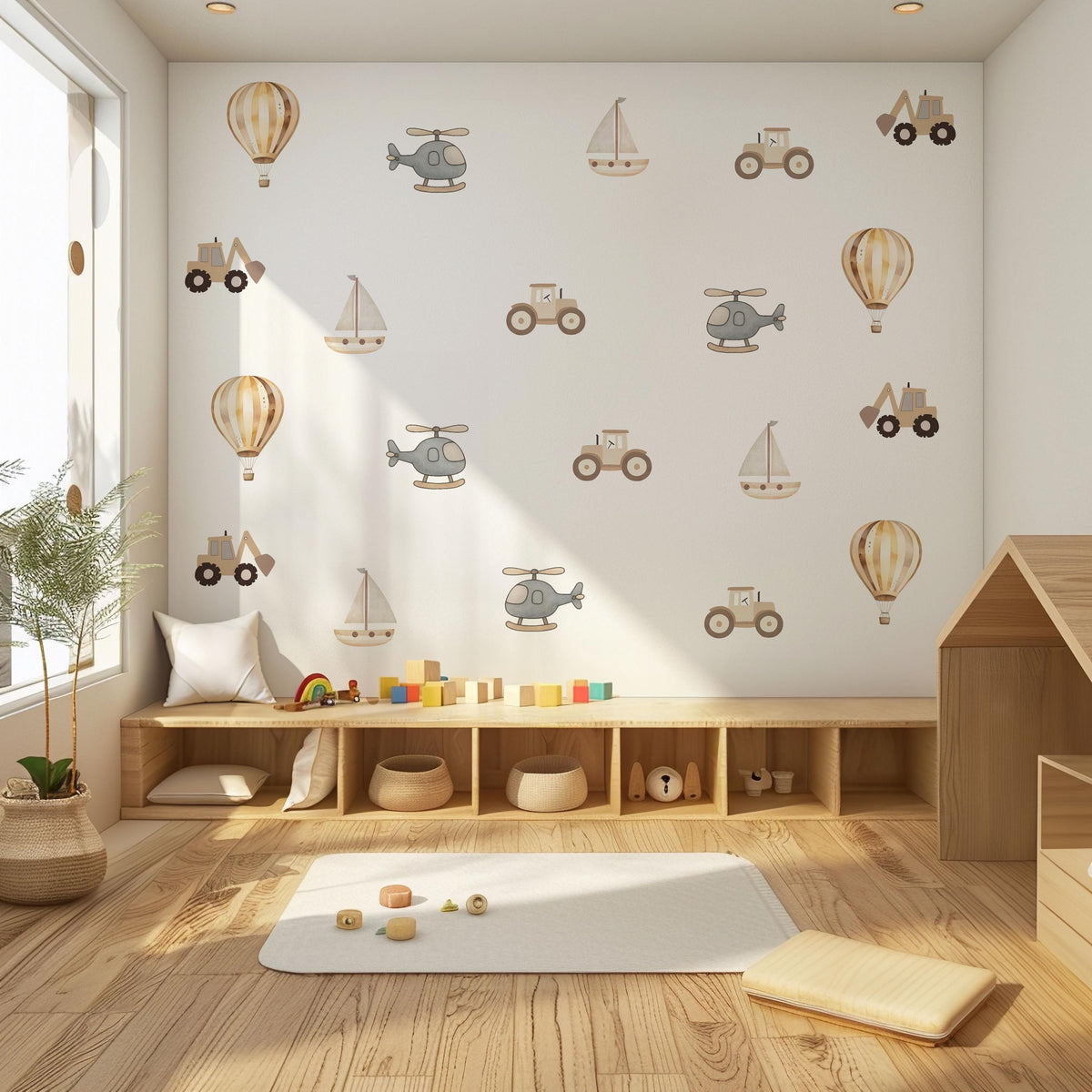 Transport Wall Stickers, Boho Neutral Nursery Decor, Tractor Digger Helicopter Wall Decals, Baby Boy Kids Room Peel and Stick Art