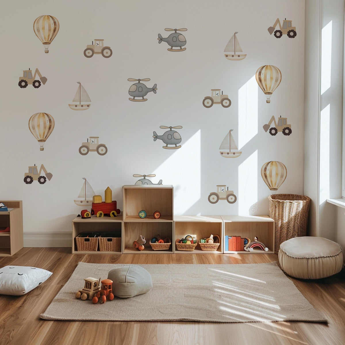 Transport Wall Stickers, Boho Neutral Nursery Decor, Tractor Digger Helicopter Wall Decals, Baby Boy Kids Room Peel and Stick Art