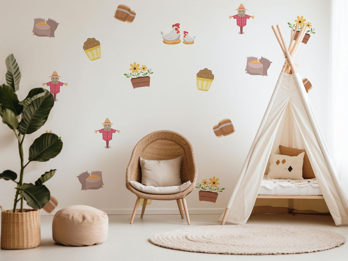 Farm Wall Stickers, Farmyard Nursery Decor, Scarecrow Hen Harvest Wall Decals, Kids Room Autumn Gender Neutral Peel and Stick Art