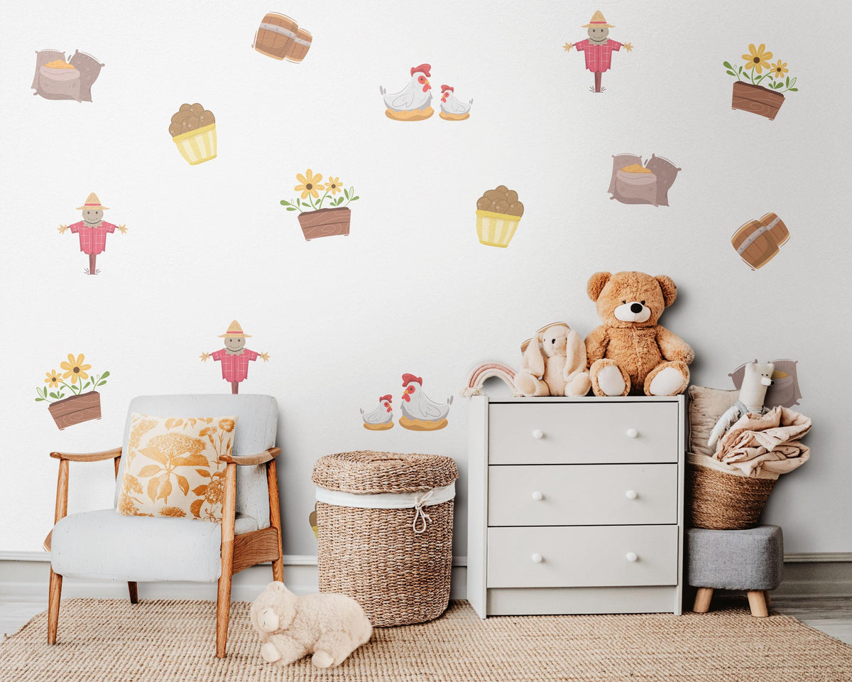 Farm Wall Stickers, Farmyard Nursery Decor, Scarecrow Hen Harvest Wall Decals, Kids Room Autumn Gender Neutral Peel and Stick Art
