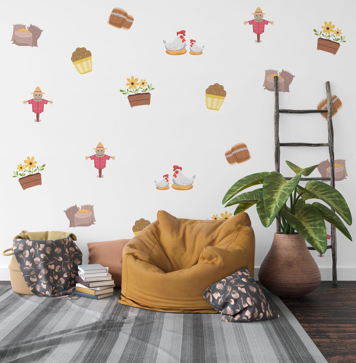 Farm Wall Stickers, Farmyard Nursery Decor, Scarecrow Hen Harvest Wall Decals, Kids Room Autumn Gender Neutral Peel and Stick Art
