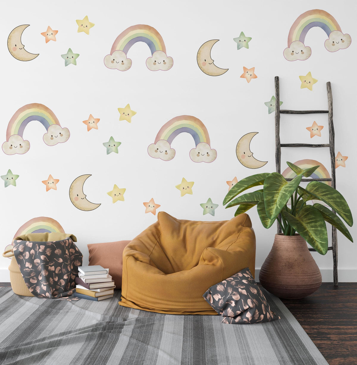 Rainbow Wall Stickers, Moon Star Cloud Nursery Decor, Pastel Rainbow Wall Decals, Gender Neutral Kids Room Baby Peel and Stick Art