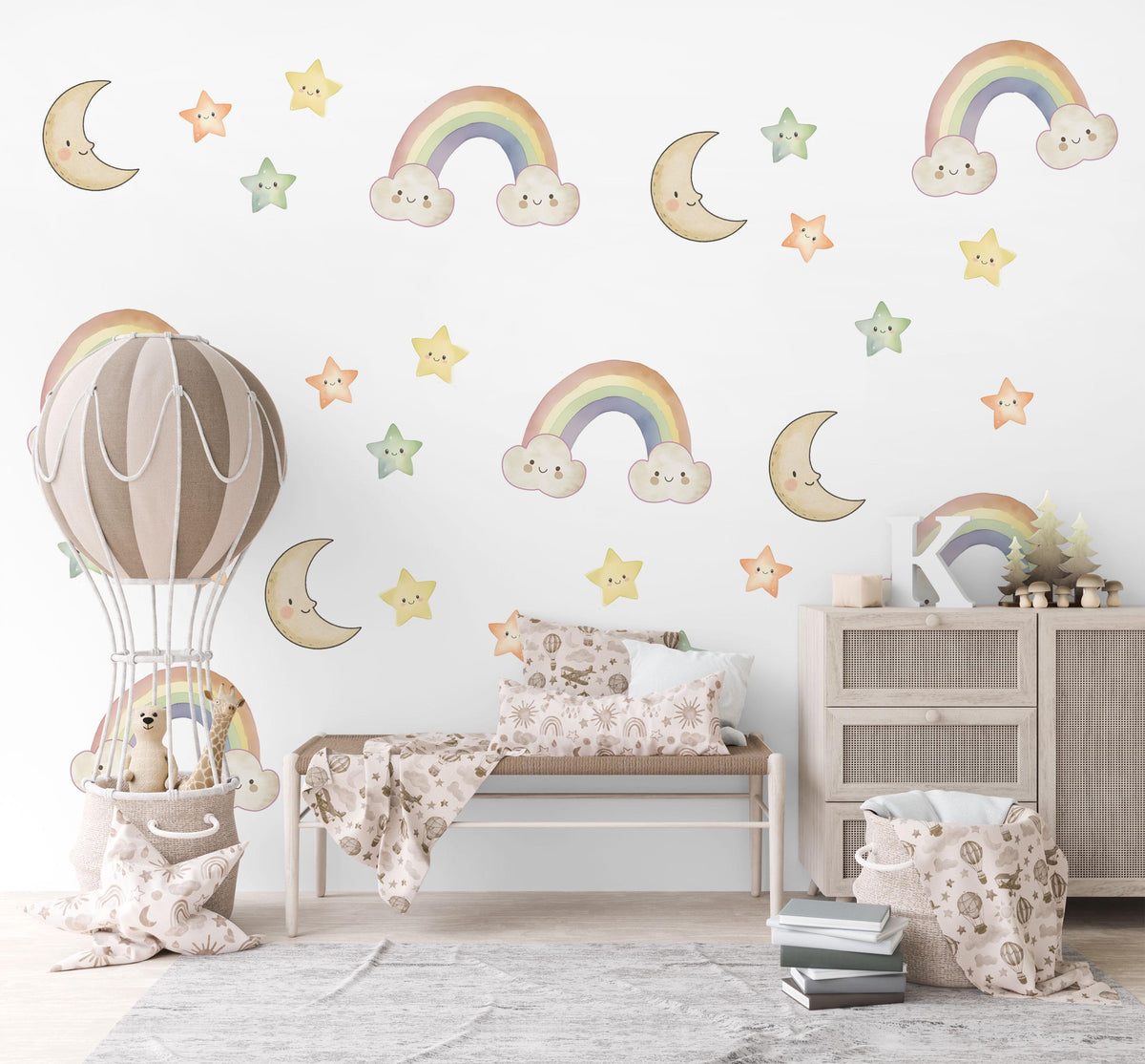 Rainbow Wall Stickers, Moon Star Cloud Nursery Decor, Pastel Rainbow Wall Decals, Gender Neutral Kids Room Baby Peel and Stick Art