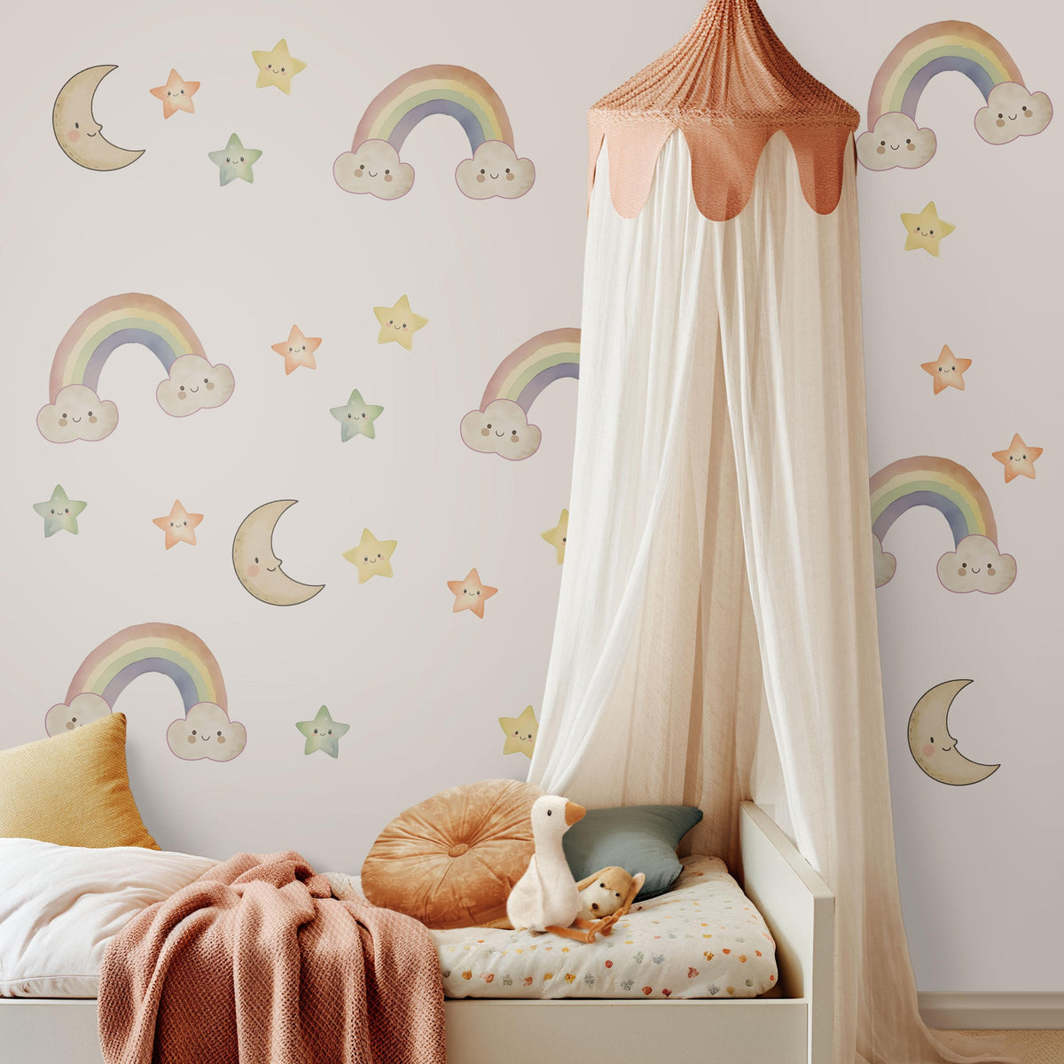 Rainbow Wall Stickers, Moon Star Cloud Nursery Decor, Pastel Rainbow Wall Decals, Gender Neutral Kids Room Baby Peel and Stick Art