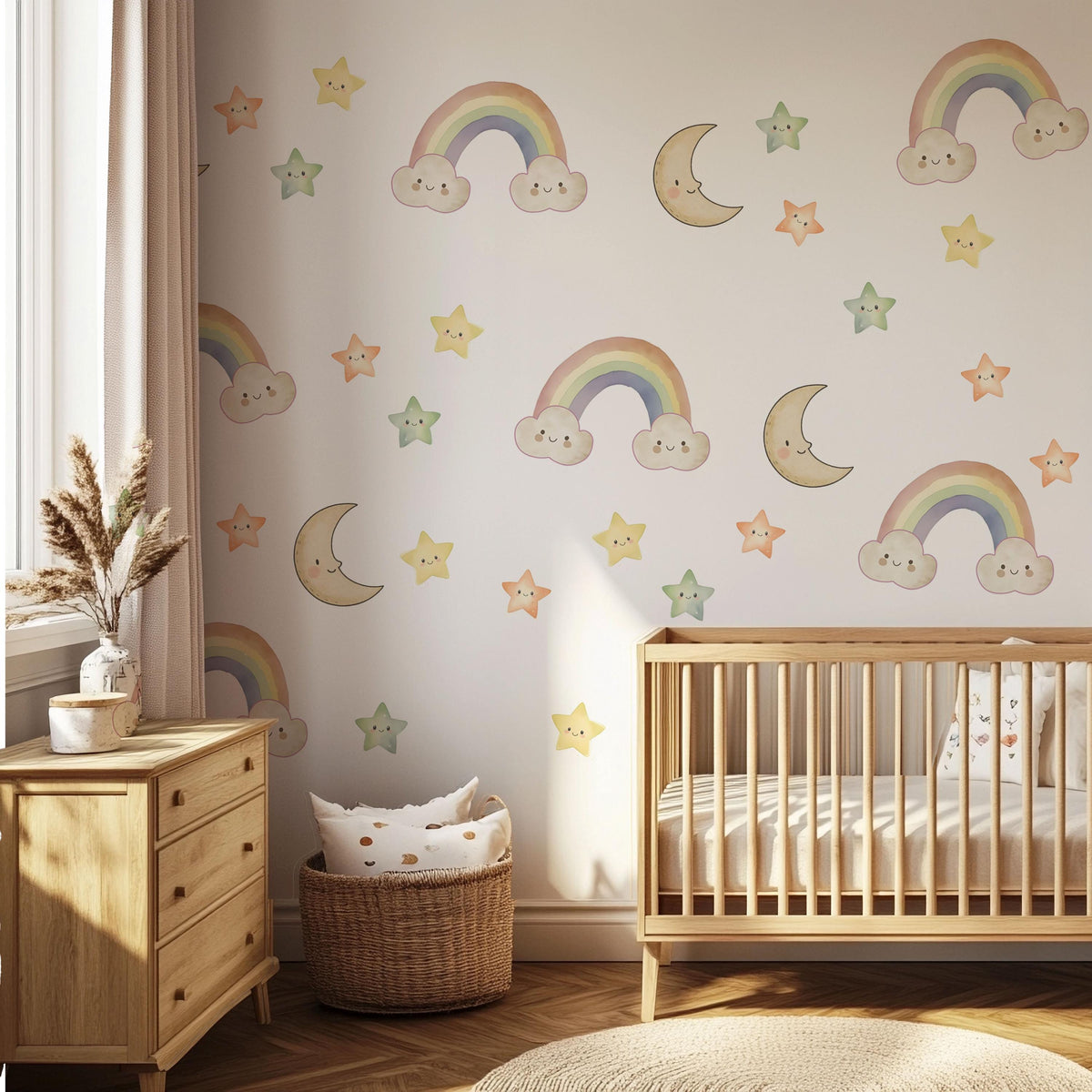 Rainbow Wall Stickers, Moon Star Cloud Nursery Decor, Pastel Rainbow Wall Decals, Gender Neutral Kids Room Baby Peel and Stick Art