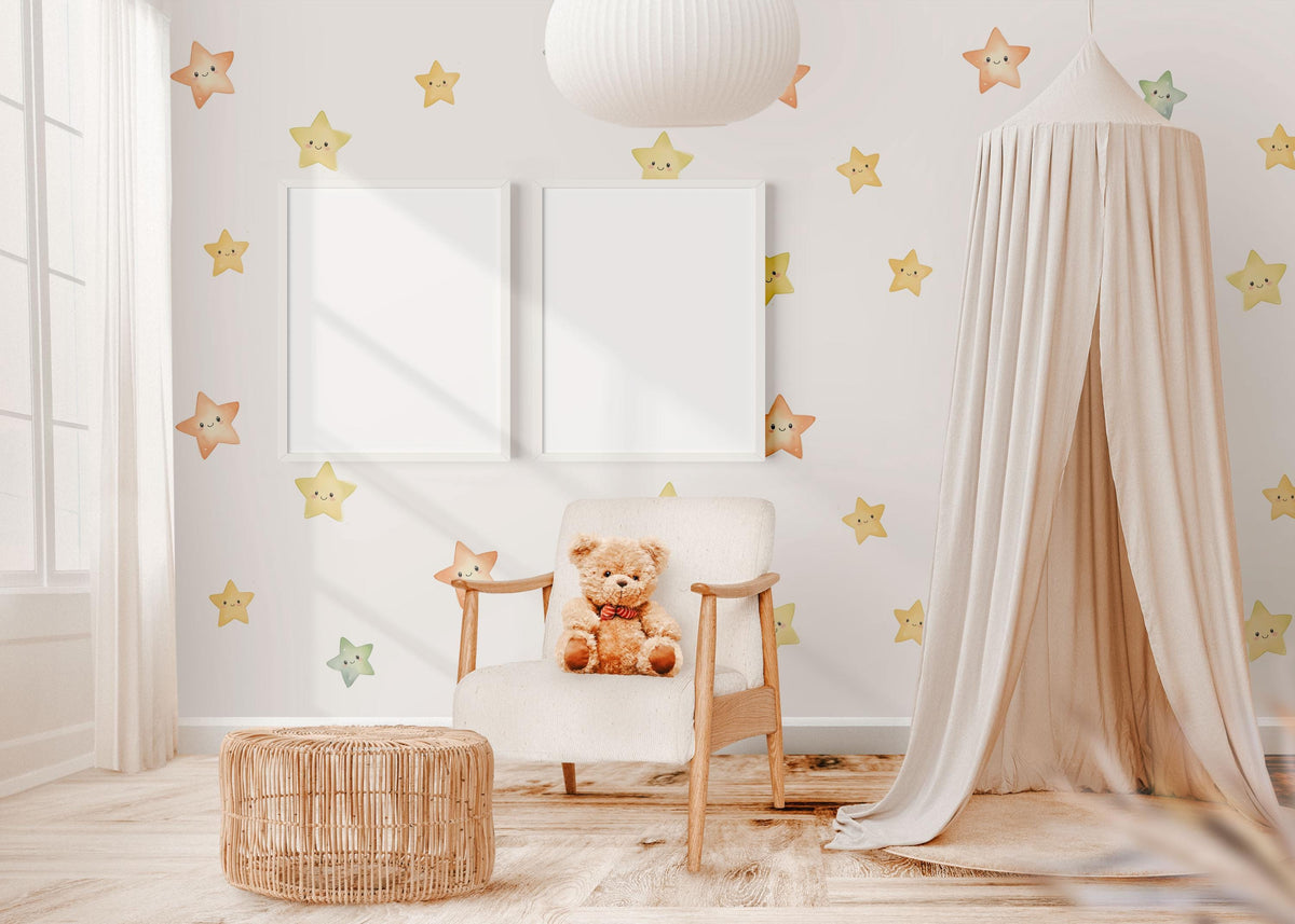 Smiley Star Wall Stickers, Happy Star Nursery Decor, Colourful Watercolour Star Wall Decals, Kids Room, Peel and Stick