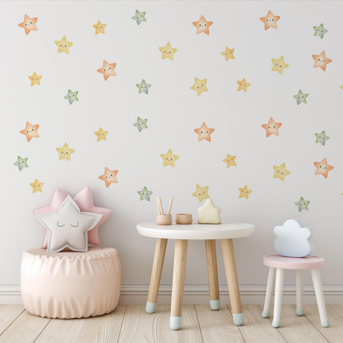 Smiley Star Wall Stickers, Happy Star Nursery Decor, Colourful Watercolour Star Wall Decals, Kids Room, Peel and Stick