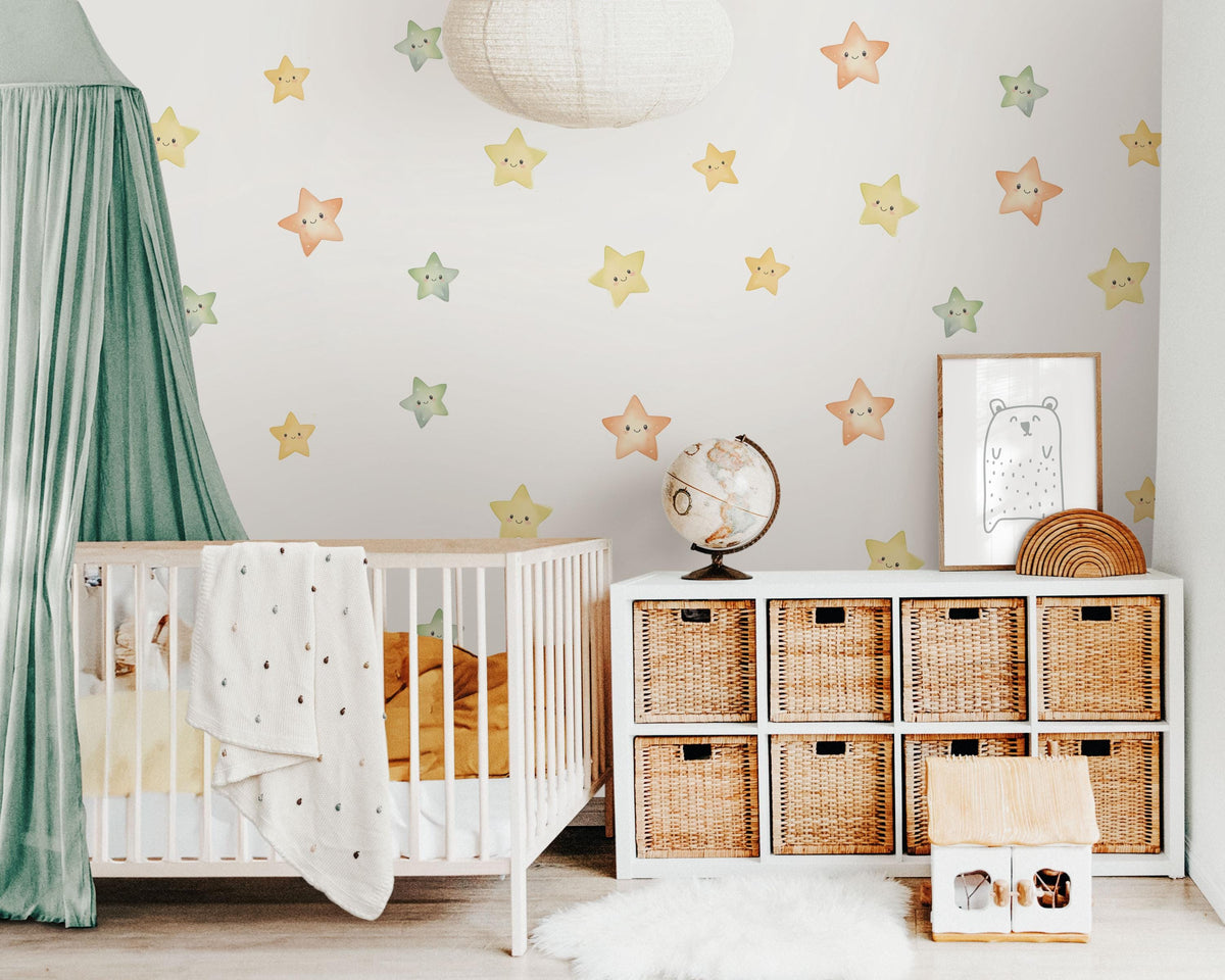 Smiley Star Wall Stickers, Happy Star Nursery Decor, Colourful Watercolour Star Wall Decals, Kids Room, Peel and Stick