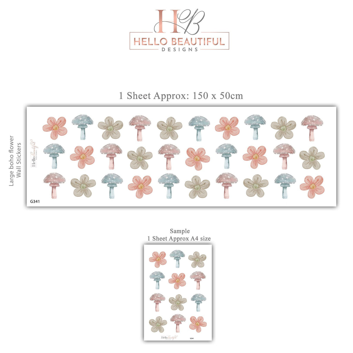 Mushroom Wall Stickers, Boho Flower Nursery Decor, Muted Woodland Wall Decals, Gender Neutral Kids Room Baby Peel and Stick Art