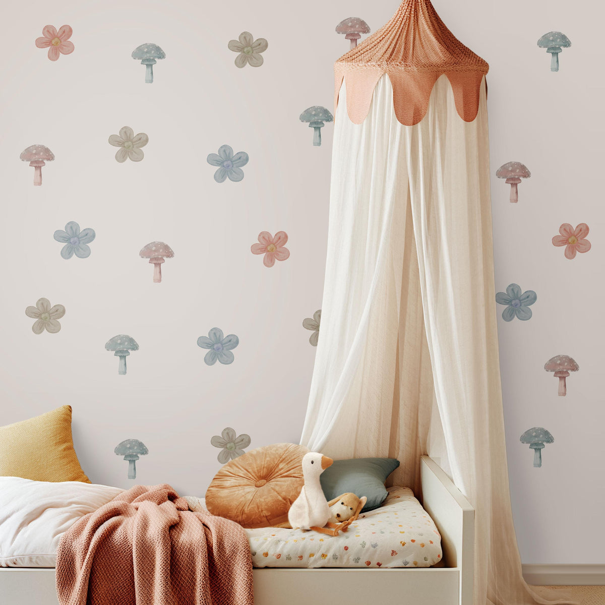 Mushroom Wall Stickers, Boho Flower Nursery Decor, Muted Woodland Wall Decals, Gender Neutral Kids Room Baby Peel and Stick Art