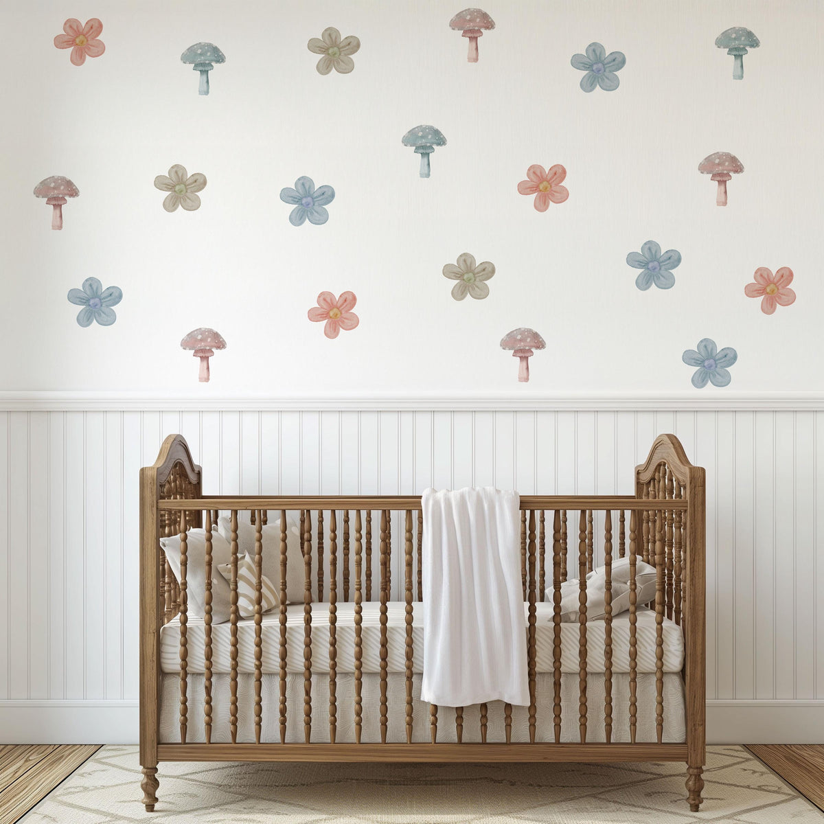 Mushroom Wall Stickers, Boho Flower Nursery Decor, Muted Woodland Wall Decals, Gender Neutral Kids Room Baby Peel and Stick Art
