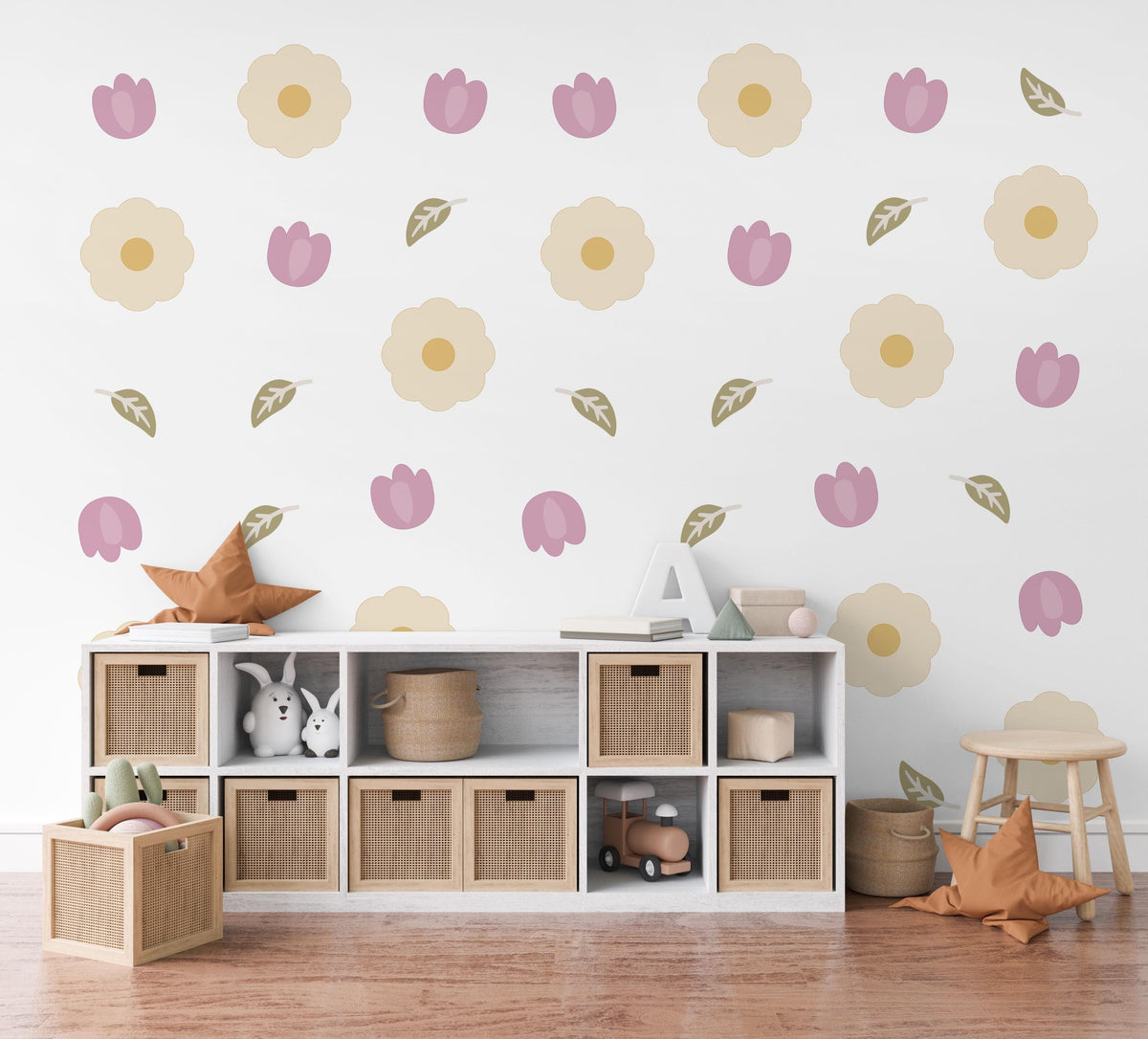 Flower Wall Stickers, Scandi Daisy Tulip Nursery Decor, Cream Floral Wall Decals, Girls Kids Room Neutral Baby Peel and Stick Art