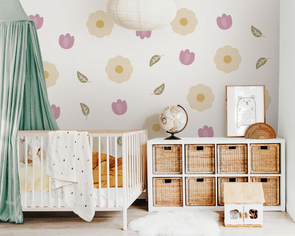 Flower Wall Stickers, Scandi Daisy Tulip Nursery Decor, Cream Floral Wall Decals, Girls Kids Room Neutral Baby Peel and Stick Art
