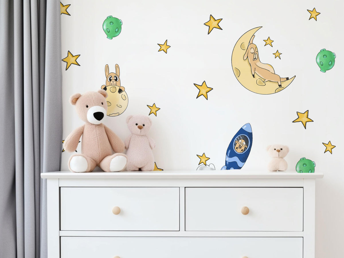 Space Wall Stickers, Rocket Moon Star Nursery Decor, Planet Bunny Wall Decals, Boys Kids Room Playroom Peel and Stick Wall Art
