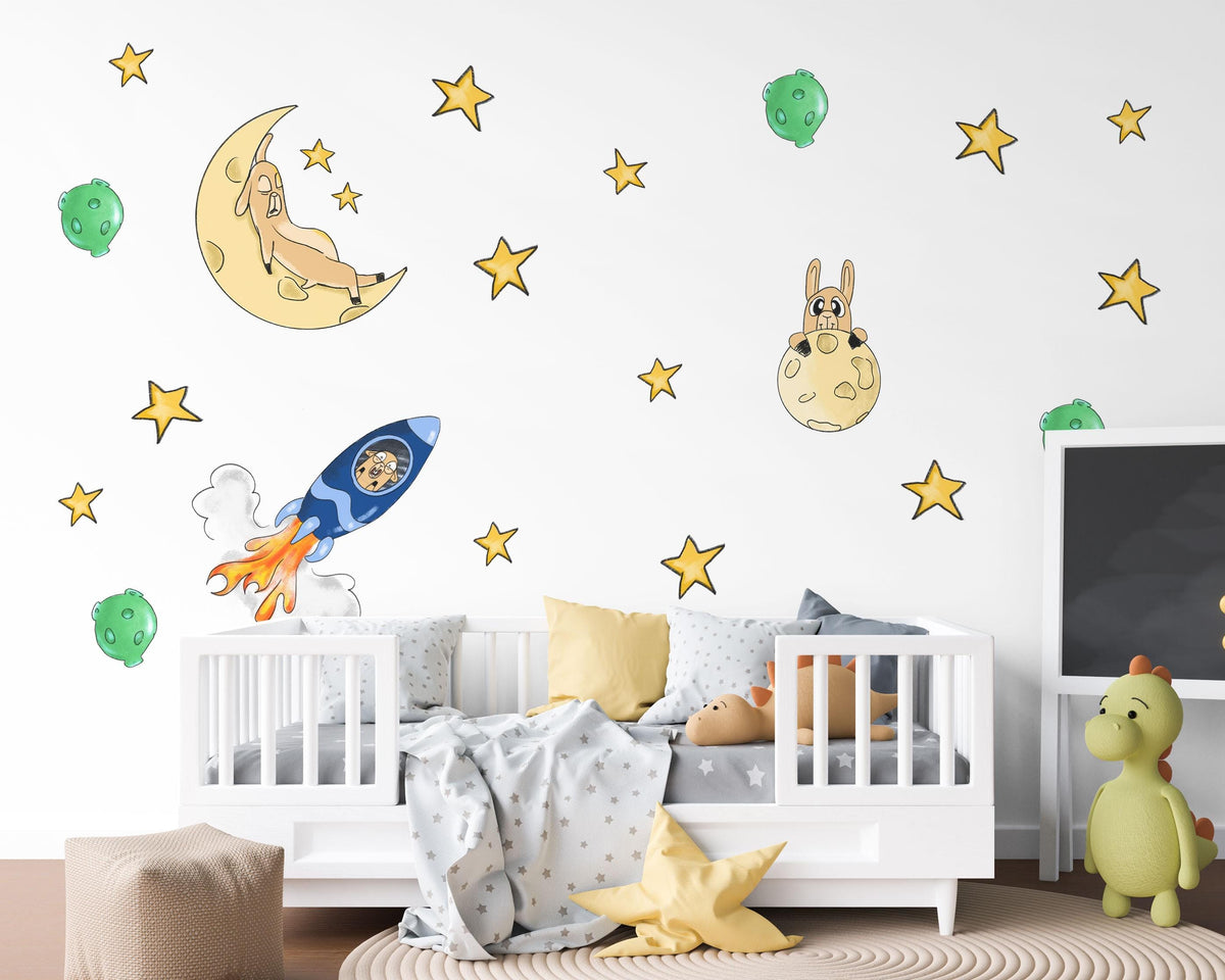 Space Wall Stickers, Rocket Moon Star Nursery Decor, Planet Bunny Wall Decals, Boys Kids Room Playroom Peel and Stick Wall Art