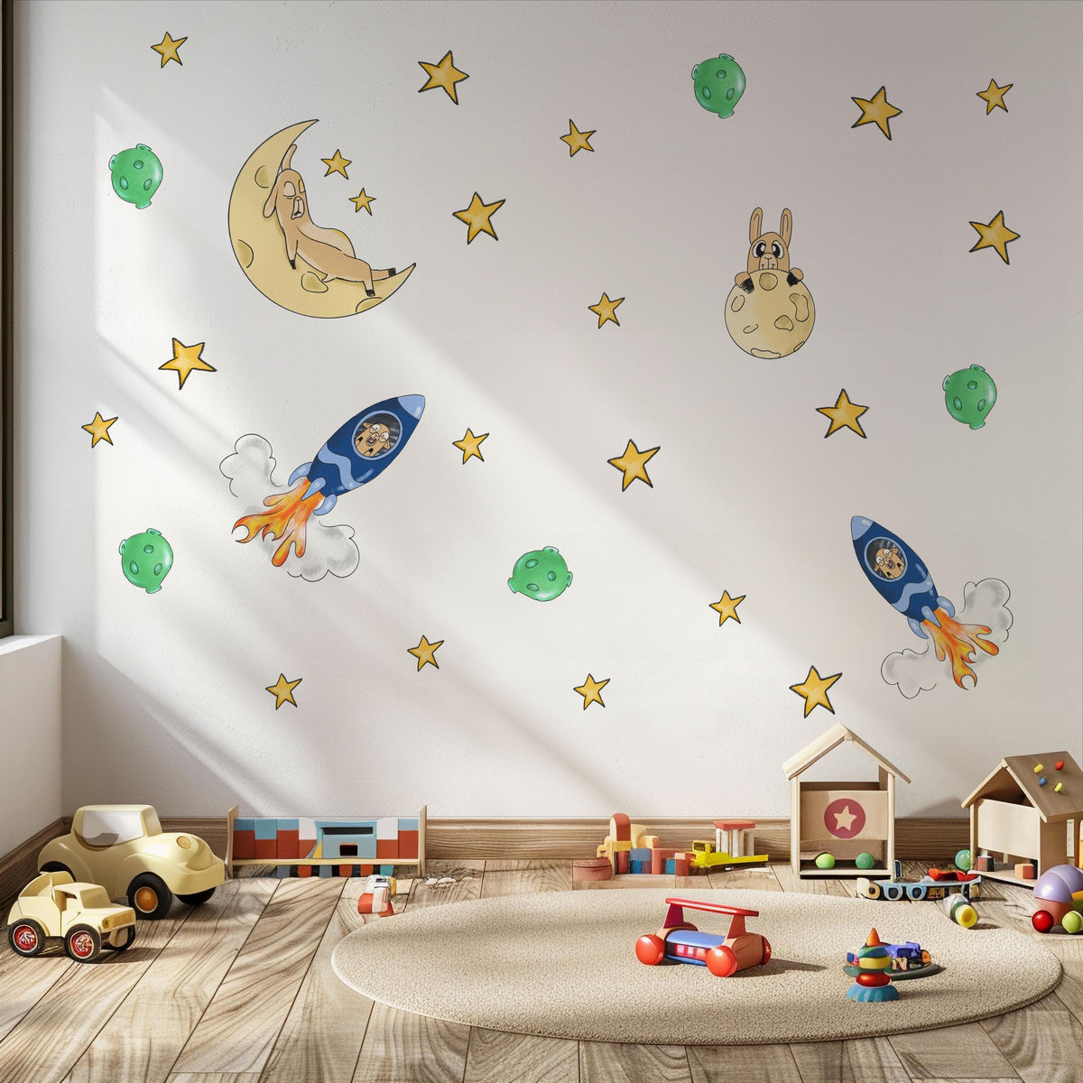 Space Wall Stickers, Rocket Moon Star Nursery Decor, Planet Bunny Wall Decals, Boys Kids Room Playroom Peel and Stick Wall Art