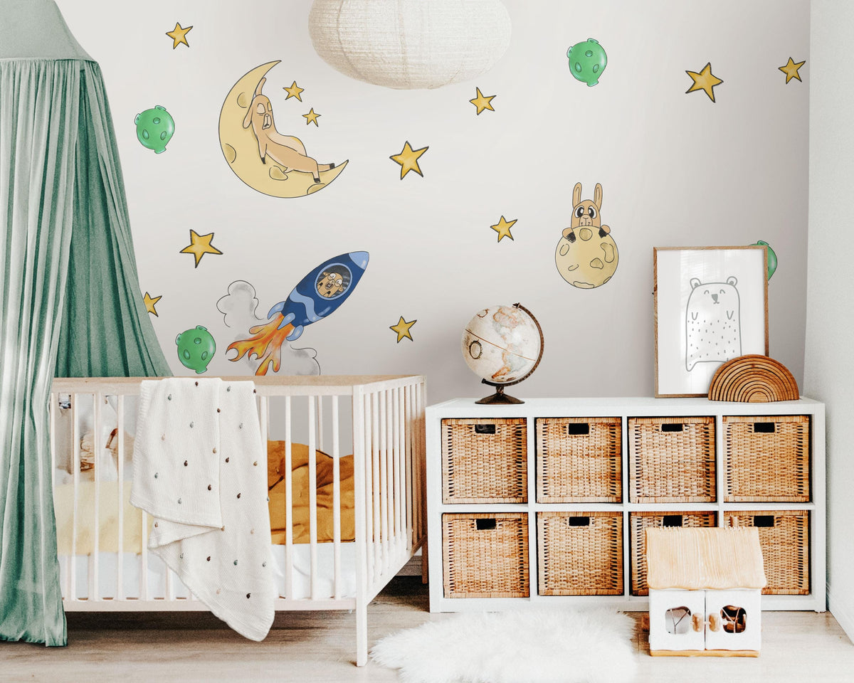 Space Wall Stickers, Rocket Moon Star Nursery Decor, Planet Bunny Wall Decals, Boys Kids Room Playroom Peel and Stick Wall Art