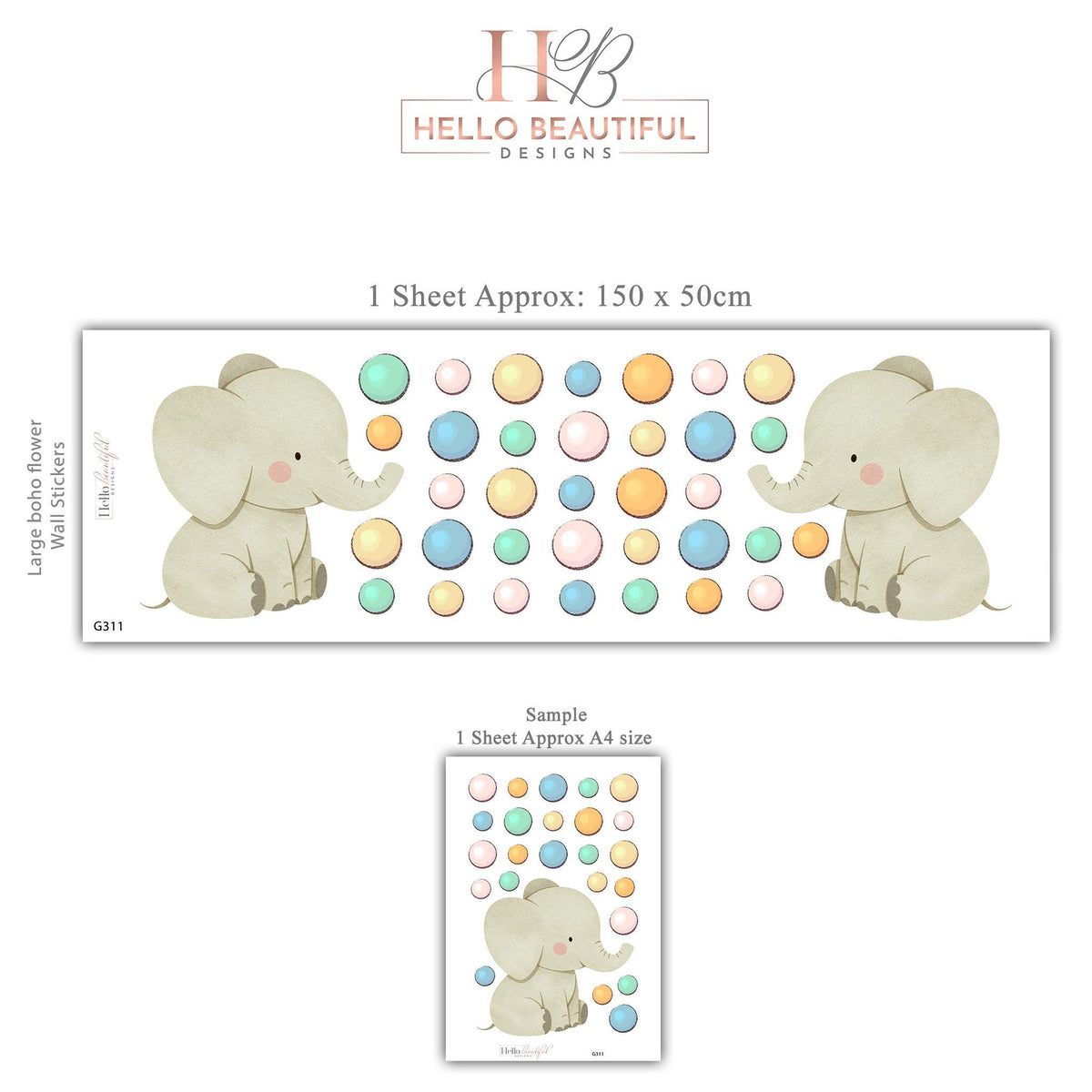 Elephant Wall Stickers, Colourful Polka Dot Nursery Decor, Safari Elephant Wall Decals, Kids Room, Peel and Stick