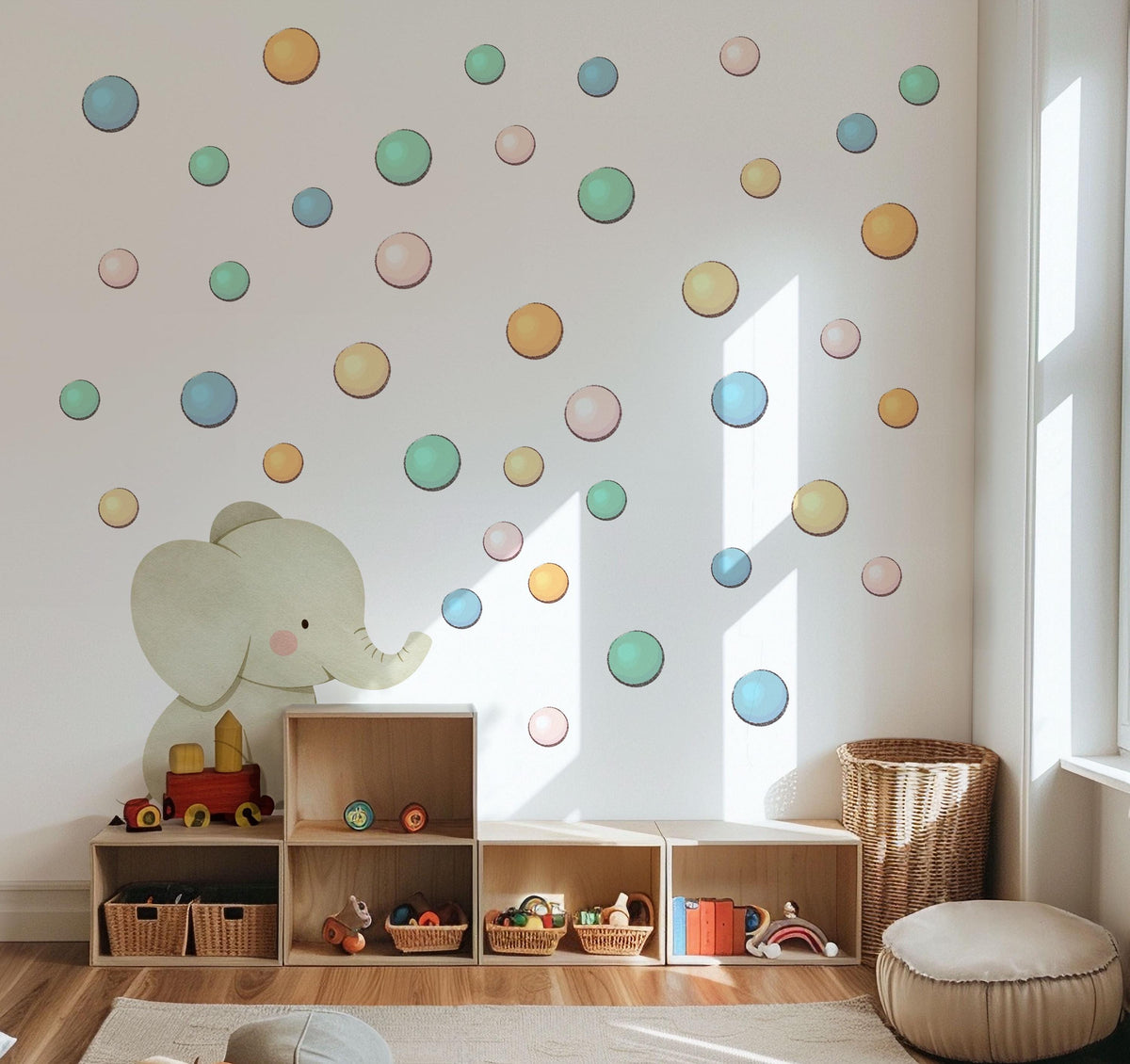 Elephant Wall Stickers, Colourful Polka Dot Nursery Decor, Safari Elephant Wall Decals, Kids Room, Peel and Stick