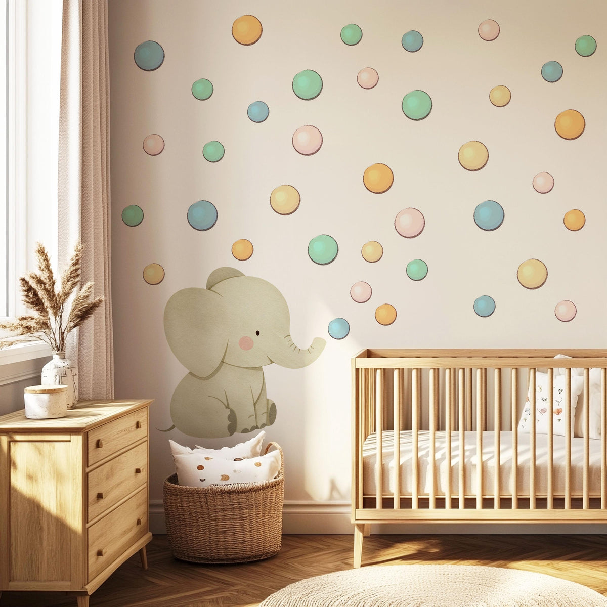 Elephant Wall Stickers, Colourful Polka Dot Nursery Decor, Safari Elephant Wall Decals, Kids Room, Peel and Stick