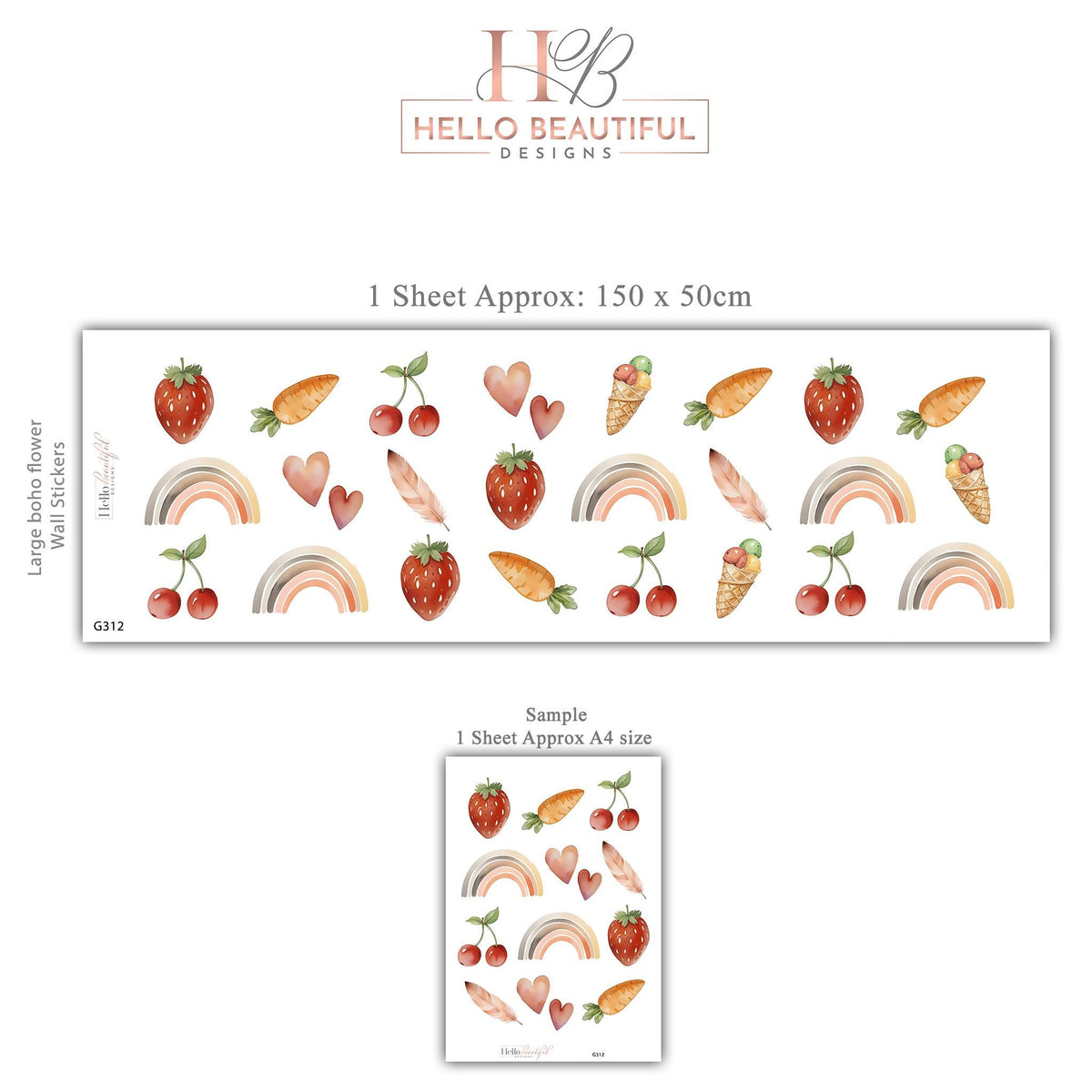 Boho Fruit Wall Stickers, Strawberry Cherry Nursery Decor, Rainbow Heart Wall Decals, Kids Room Cottagecore Baby Peel and Stick Art