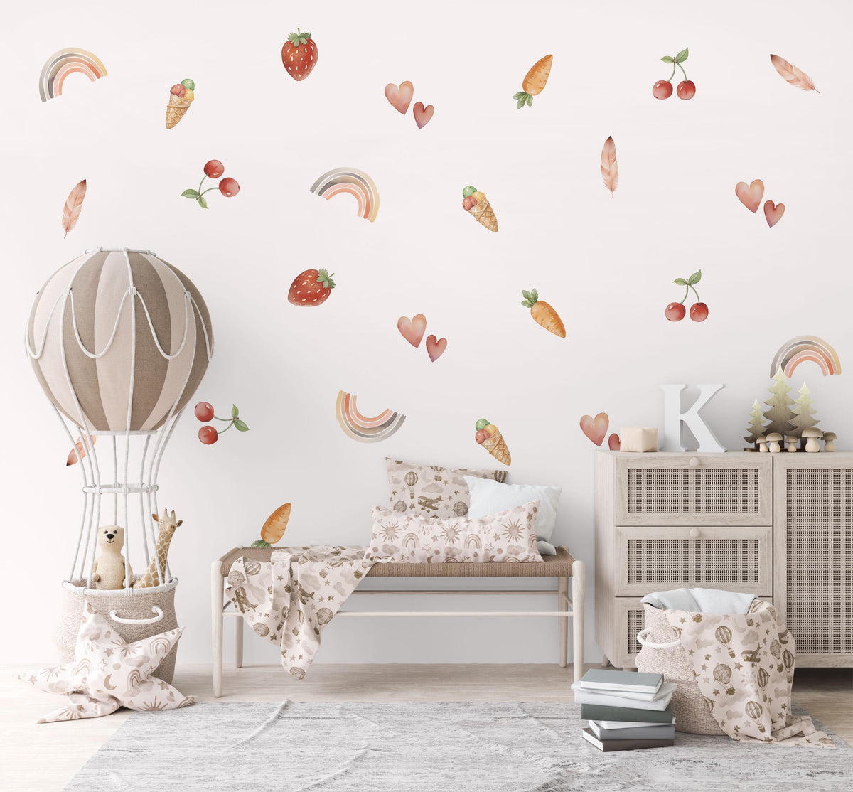 Boho Fruit Wall Stickers, Strawberry Cherry Nursery Decor, Rainbow Heart Wall Decals, Kids Room Cottagecore Baby Peel and Stick Art