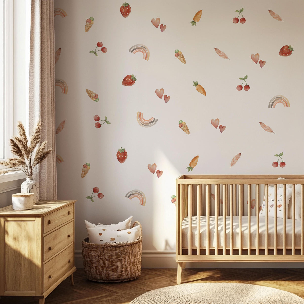 Boho Fruit Wall Stickers, Strawberry Cherry Nursery Decor, Rainbow Heart Wall Decals, Kids Room Cottagecore Baby Peel and Stick Art