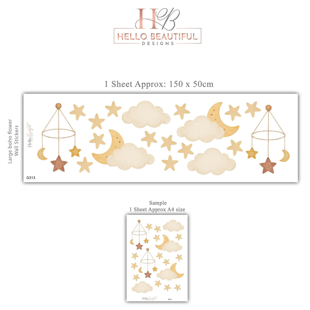 Moon and Stars Wall Stickers, Cloud Nursery Decor, Boho Neutral Sky Wall Decals, Gender Neutral Kids Room Baby Peel and Stick Art
