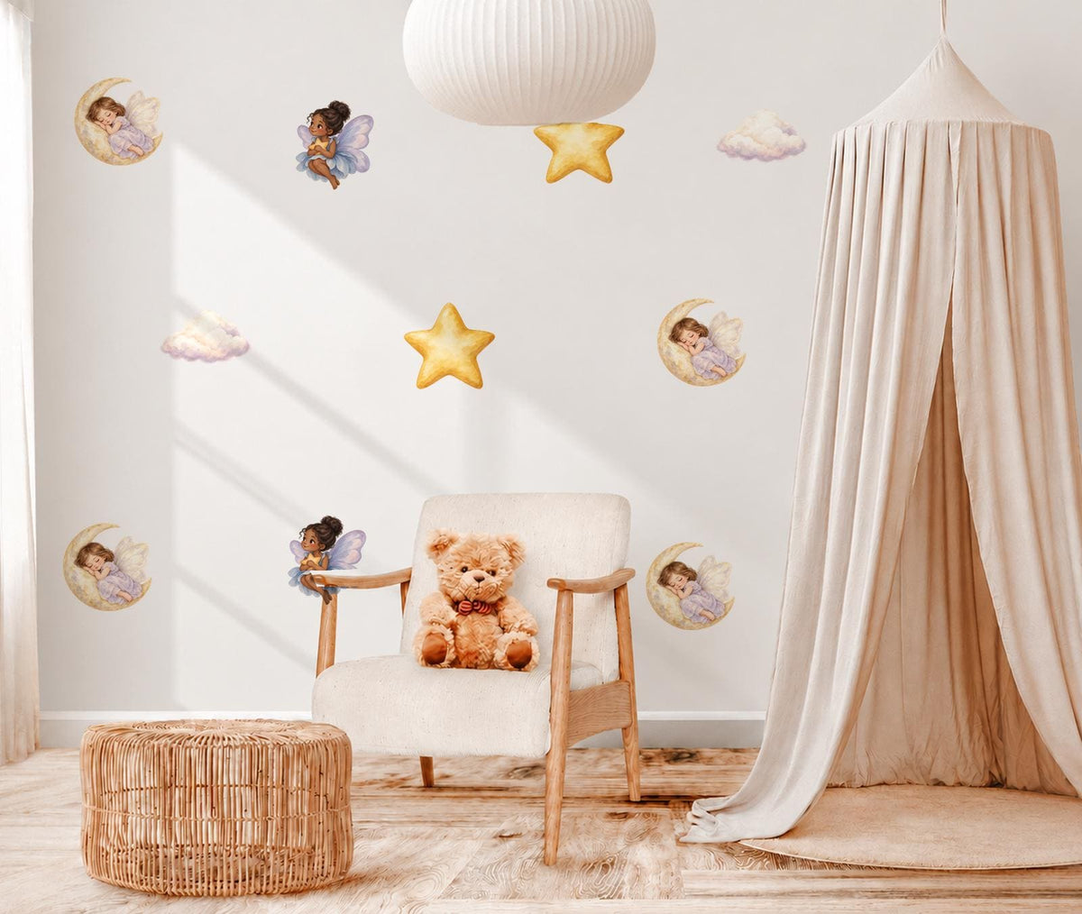 Fairy Wall Stickers, Fairy Moon Star Nursery Decor, Celestial Cloud Wall Decals, Girls Kids Room Baby Girl Peel and Stick Wall Art