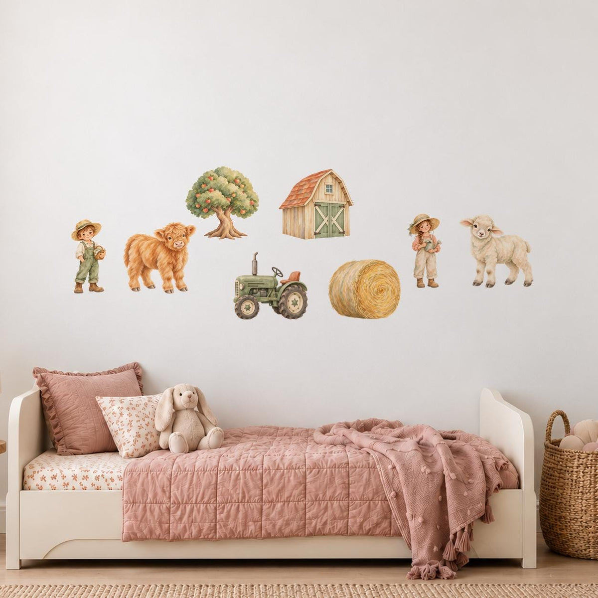 Farm Wall Stickers, Boho Farmyard Nursery Decor, Highland Cow Tractor Wall Decals, Kids Room Gender Neutral Baby Peel and Stick Art