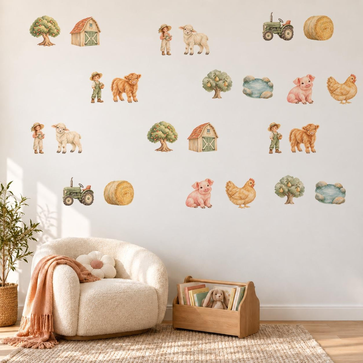 Farm Wall Stickers, Boho Farmyard Nursery Decor, Highland Cow Tractor Wall Decals, Kids Room Gender Neutral Baby Peel and Stick Art